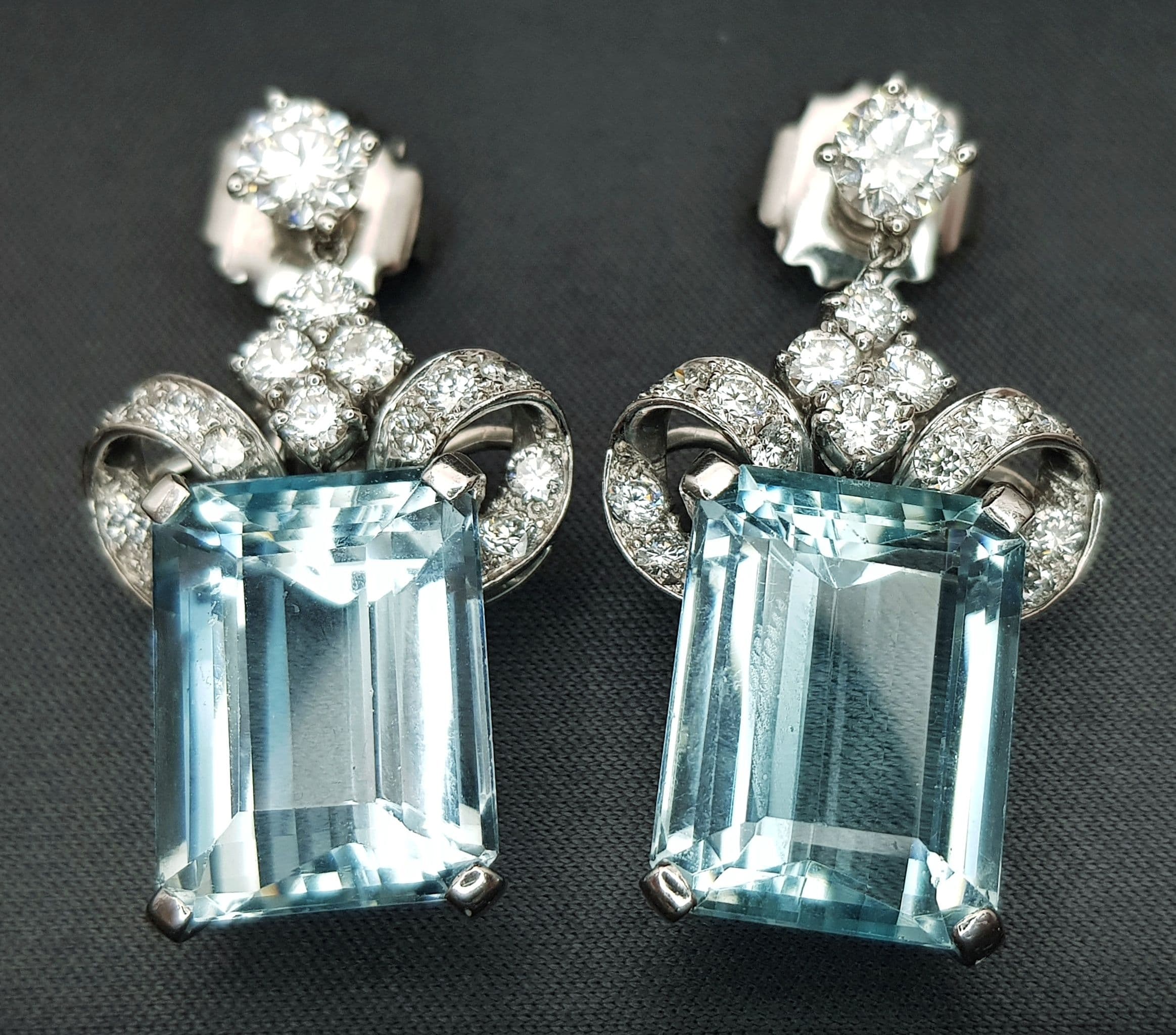 A Stunning Pair of 18K White Gold Aquamarine and Diamond Drop Earrings.