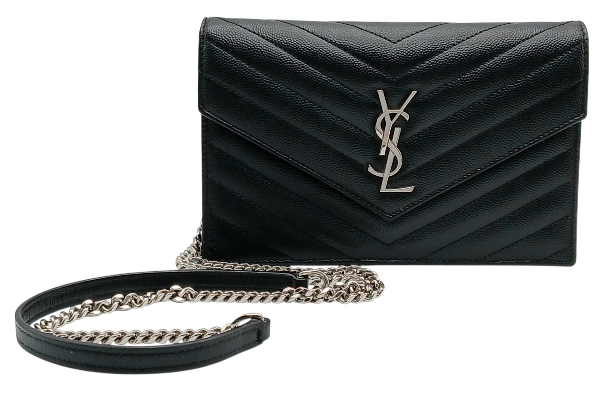 A Saint Laurent Black Grain de Poudre Leather Monogram Envelope Chain Wallet.