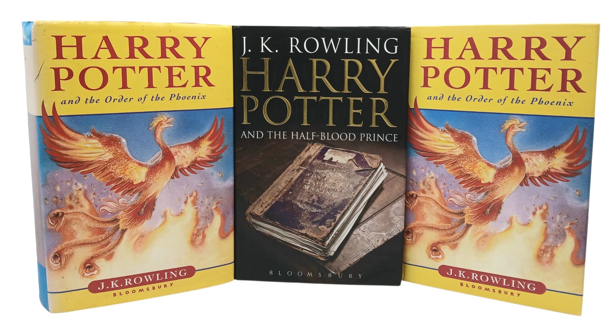 A Parcel of Three First Edition Harry Potter Books Including the misprint edition of Harry Potter and the Half-Blood Prince. Harry Potter and the HalfBlood Prince has the misprint on page 99 that states ‘’ Eleven OutstandingOwls’’ when it should read Ten, plus two copies of Harry Potter and the Orderof the Phoenix.