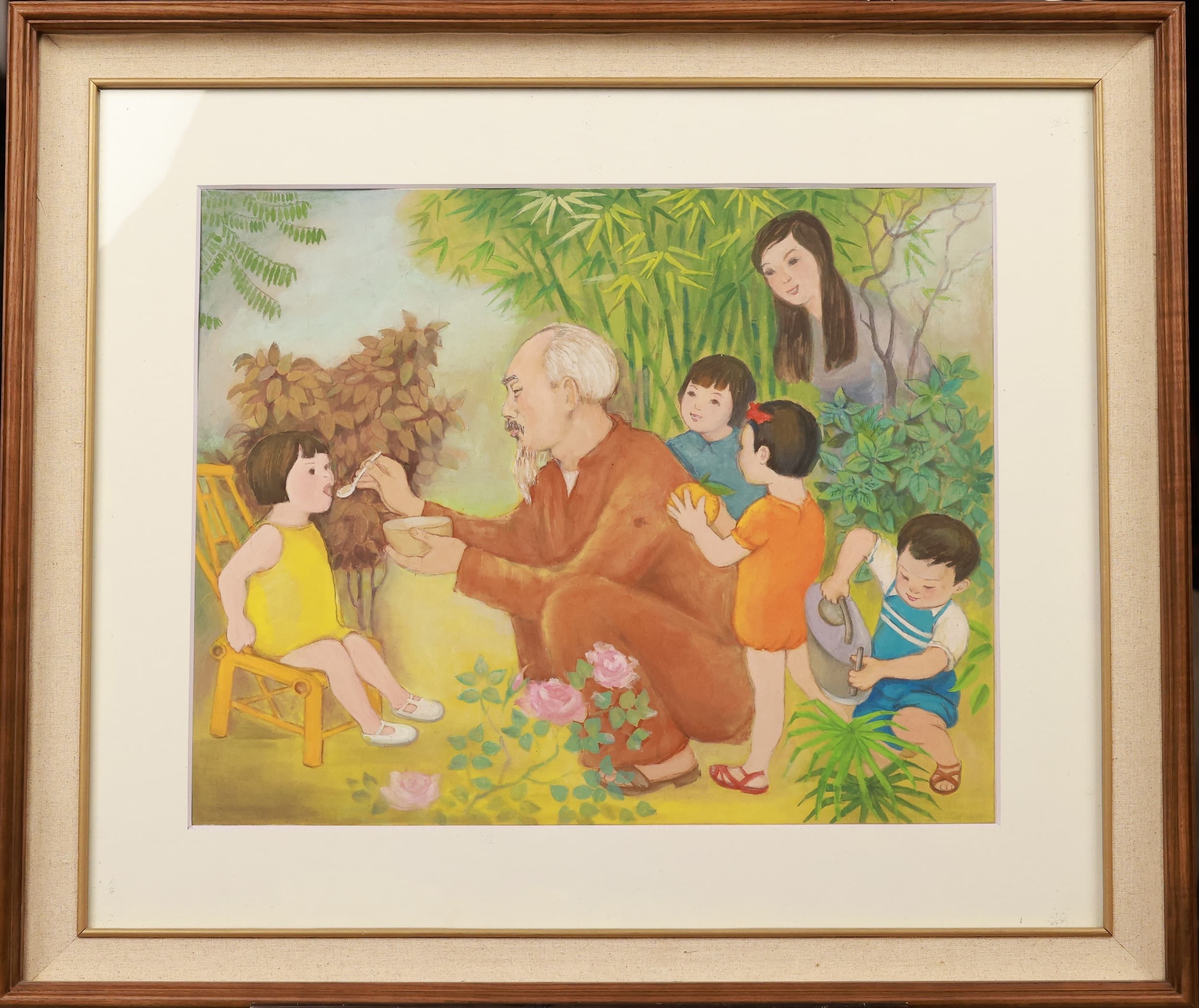 "Uncle Ho with the Children". No Name, 48 x 60 cm, Gouache on paper. Old painting, unsigned. No Name: This work is unsigned and the artist is unidentified, but the painting belongs to the broader tradition of mid-20th century Vietnamese art. Such anonymous works often come from regional artisan workshops or unrecorded studio painters whose names did not enter the formal art-historical canon. This item is held at Cadmore ASIAN Office in Vietnam and will be shipped from there. Buyers will be responsible for direct shipping payments. Delivery will take slightly longer.