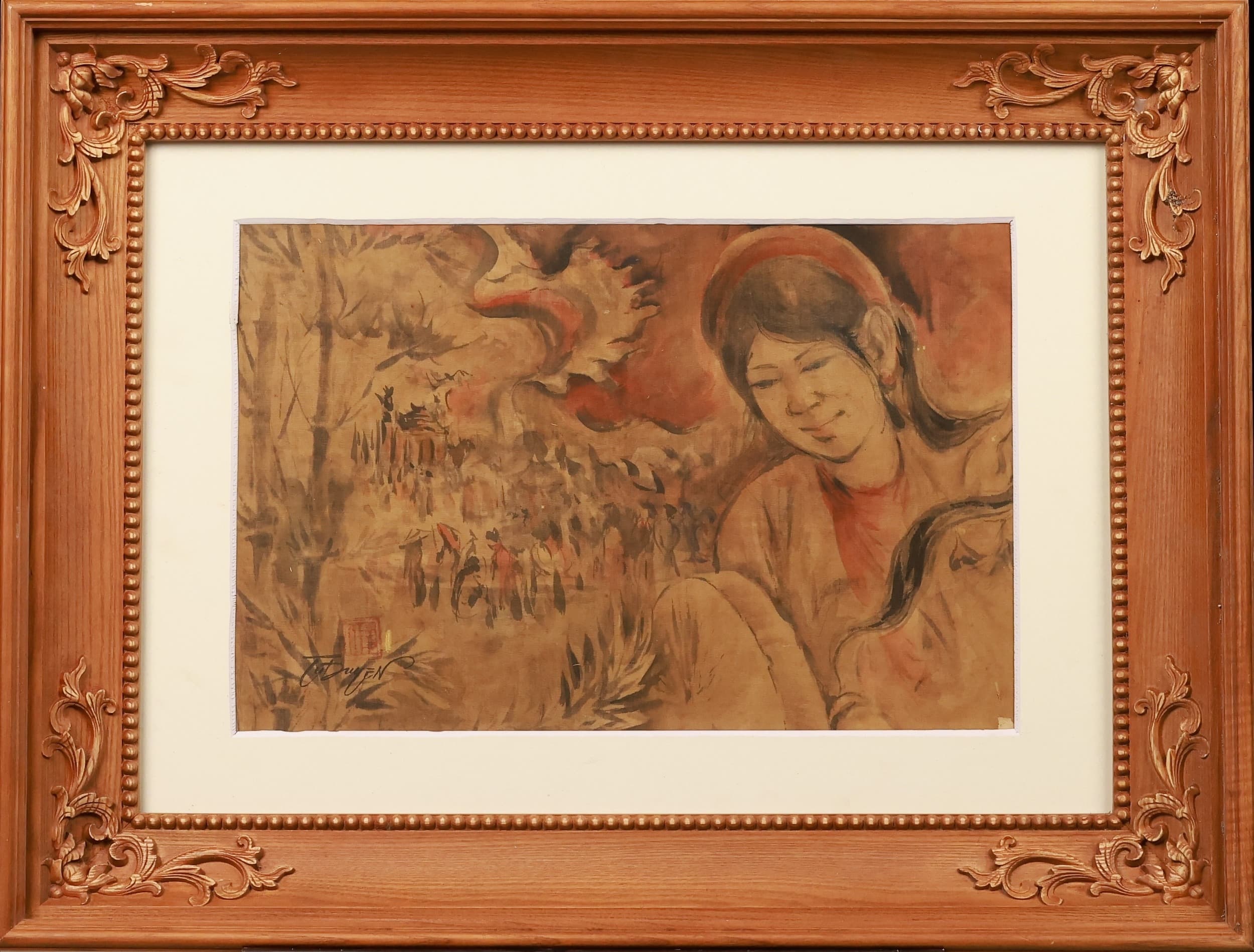 "Festival" by Tu Duyen, 36 x 54 cm, Ink and color on silk. Signed in the lower left corner and stamped with a red seal. Tu Duyen: Tu Duyen (1915–2012), born Nguyễn Văn Duyến in Bát Tràng, is celebrated as the father of Vietnamese hand-stamped silk painting (Thủ Ấn Họa). After studying at the École des Beaux-Arts de l'Indochine, he developed a unique technique using positive and negative woodblocks with finger-applied colors pressed onto silk. His works, often inspired by Vietnamese folklore and literature such as The Tale of Kieu, are held in the Ho Chi Minh City Fine Arts Museum, and were notably collected by David Rockefeller. This item is held at Cadmore ASIAN Office in Vietnam and will be shipped from there. Buyers will be responsible for direct shipping payments. Delivery will take slightly longer.