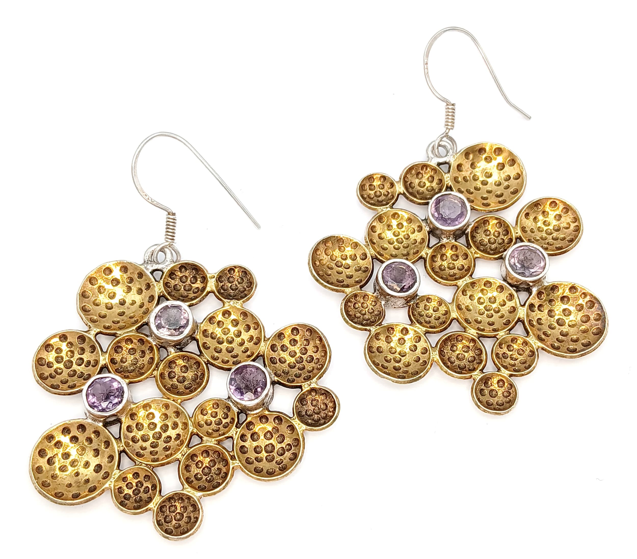 A Pair of 925 Sterling Silver Gold-Tone Amethyst Set Drop Earrings. Approx 3.5cm x 4cm. Total weight 17.02g.