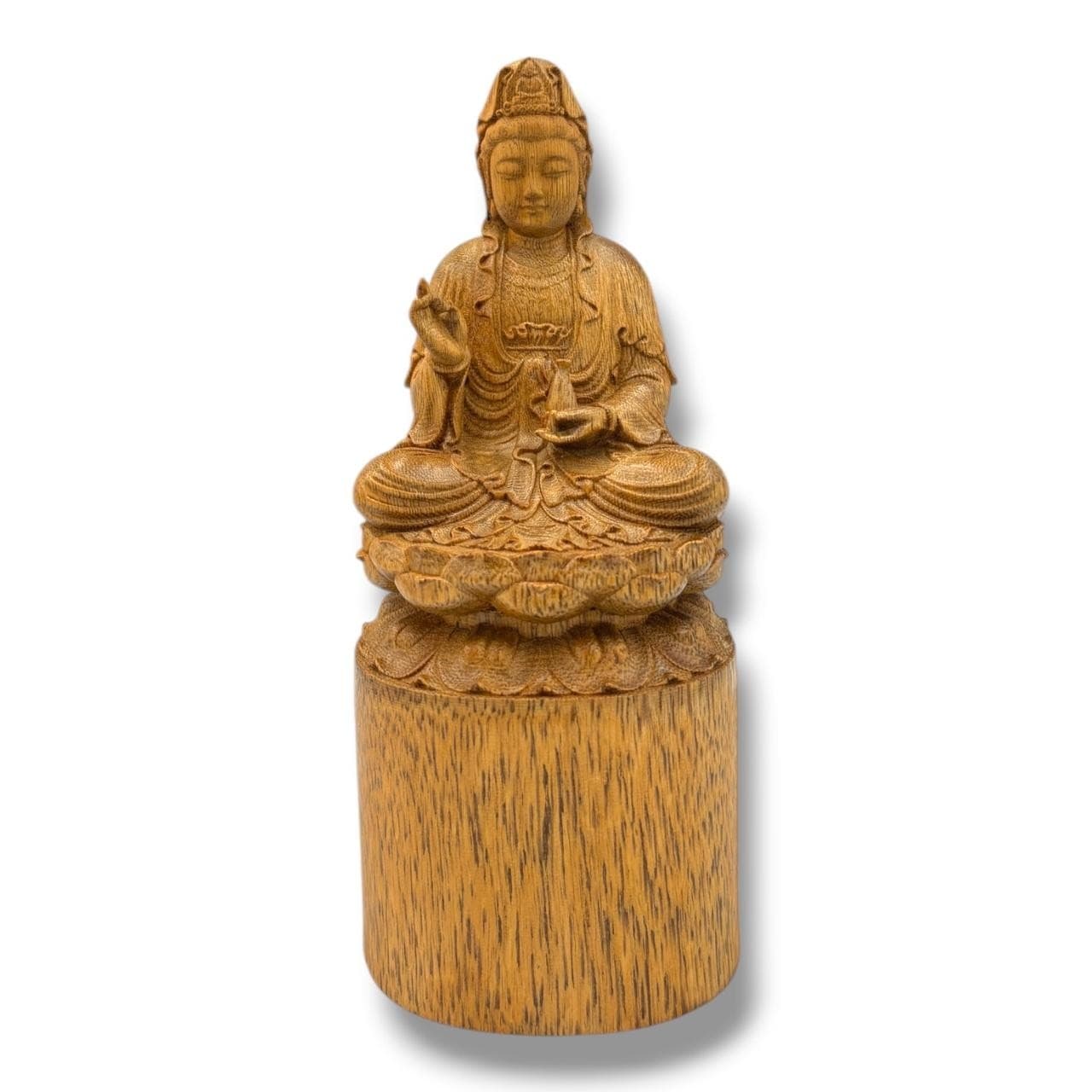 A hand Carved natural Agarwood Guanyin Figure. The natural agarwood fragrance is well known for its purposes in relaxation and meditation. Some signs of surface wear, natural wood grain variation and light marks throughout. Approx 18cm height x 8cm width. Please see photos or request a condition report. This item is held at Cadmore ASIAN Office in Vietnam and will be shipped from there. Buyers will be responsible for direct shipping payments. Delivery will take slightly longer.