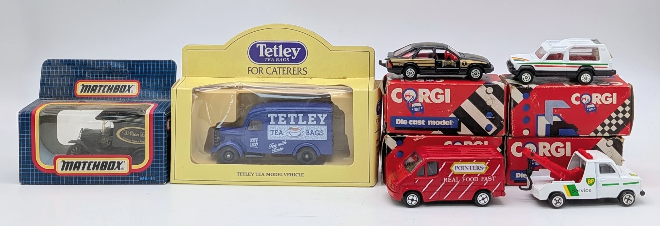 Four boxed vintage Corgi cars, with two other boxed cars. Good condition.