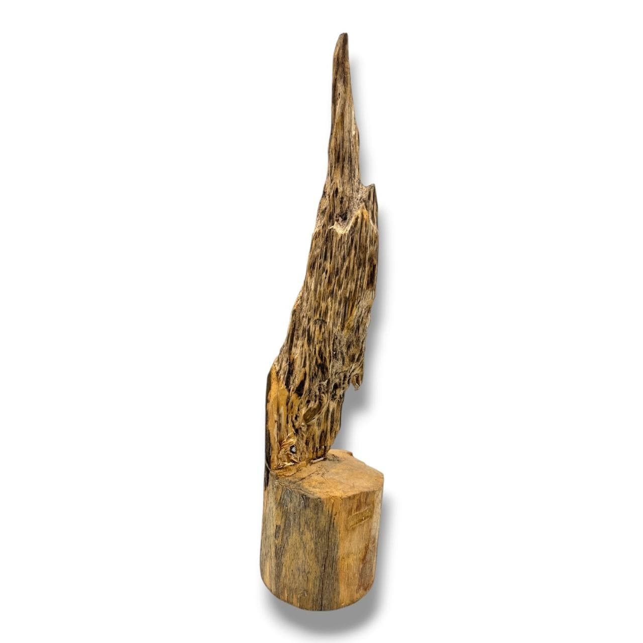 A Natural Agarwood Display Sculpture. The natural agarwood fragrance is well known for its purposes in relaxation and meditation. Tall freeform agarwood formation mounted on an integrated wooden base, showcasing dramatic natural grain and organic contours throughout. A decorative display piece ideal for interior or collector’s use. Some natural age cracks, surface wear and imperfections consistent with the material and carving process - please see photos for condition. Approximately 34.5cm high x 8cm wide. This item is held at Cadmore ASIAN Office in Vietnam and will be shipped from there. Buyers will be responsible for direct shipping payments. Delivery will take slightly longer.
