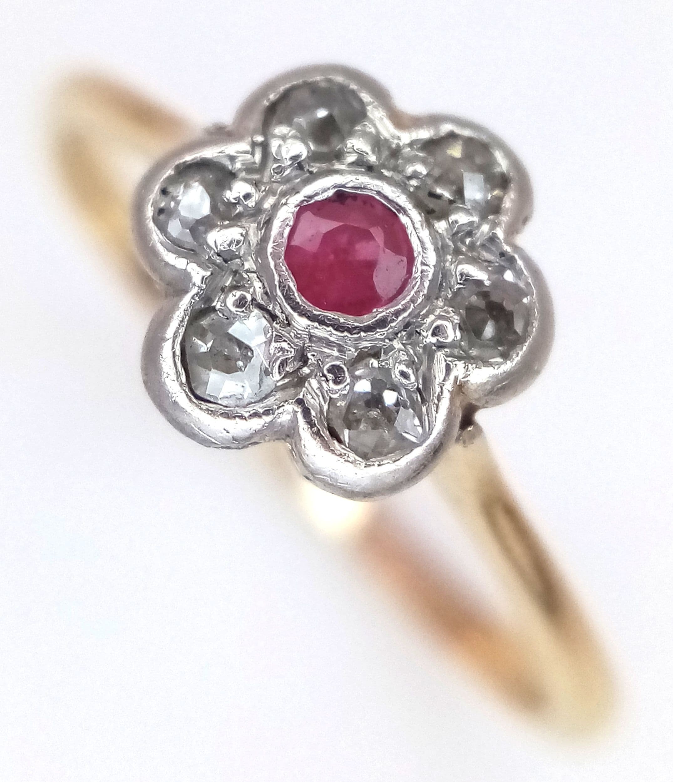 An 18K Yellow Gold, Antique, Old Cut Diamond And Ruby Set, Daisy Cluster Ring. 1.7G, Size I/H. Tan 3010