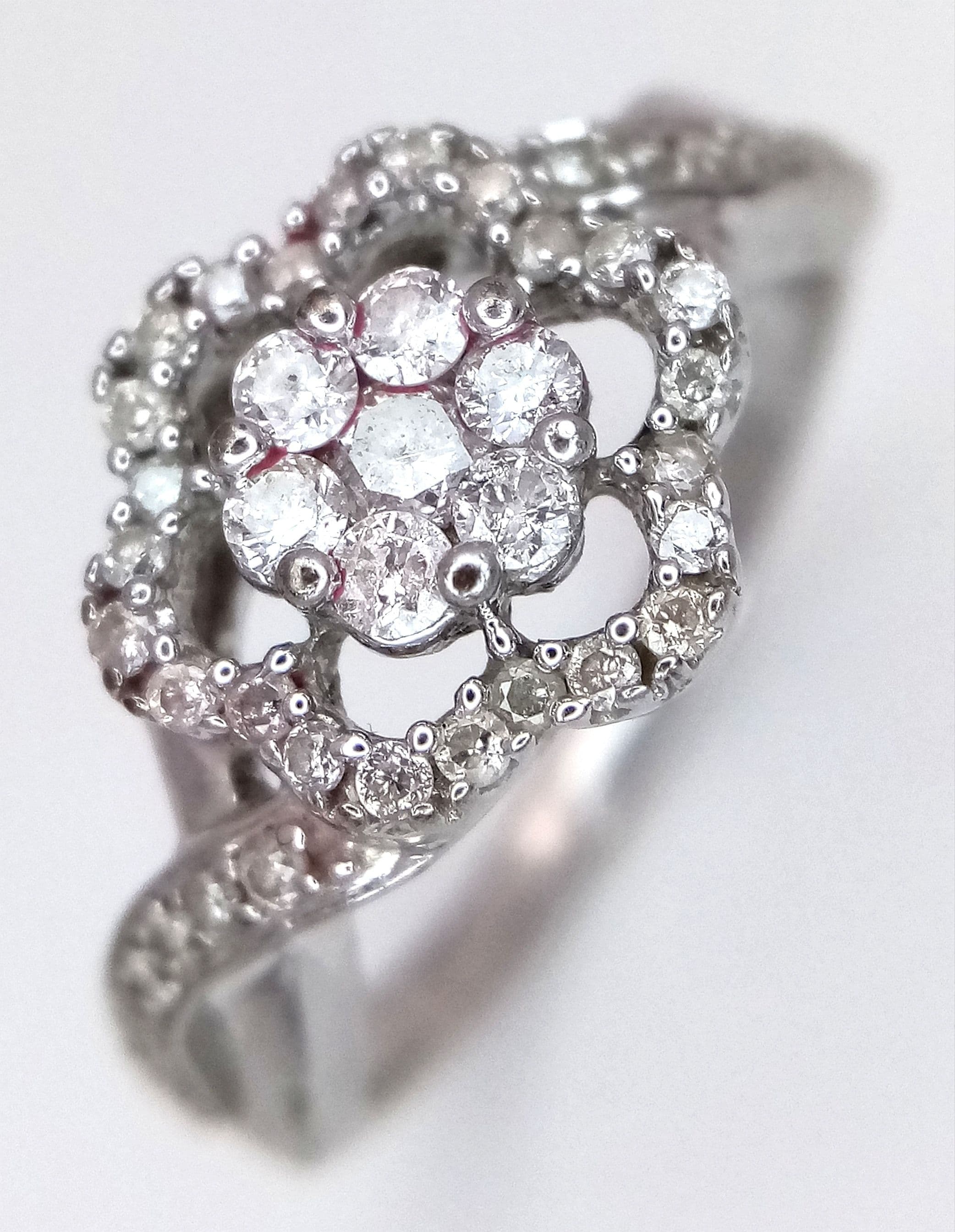 9k white gold diamond cluster ring, 0.35ct diamond weight, ring size M, 3.3g total weight
