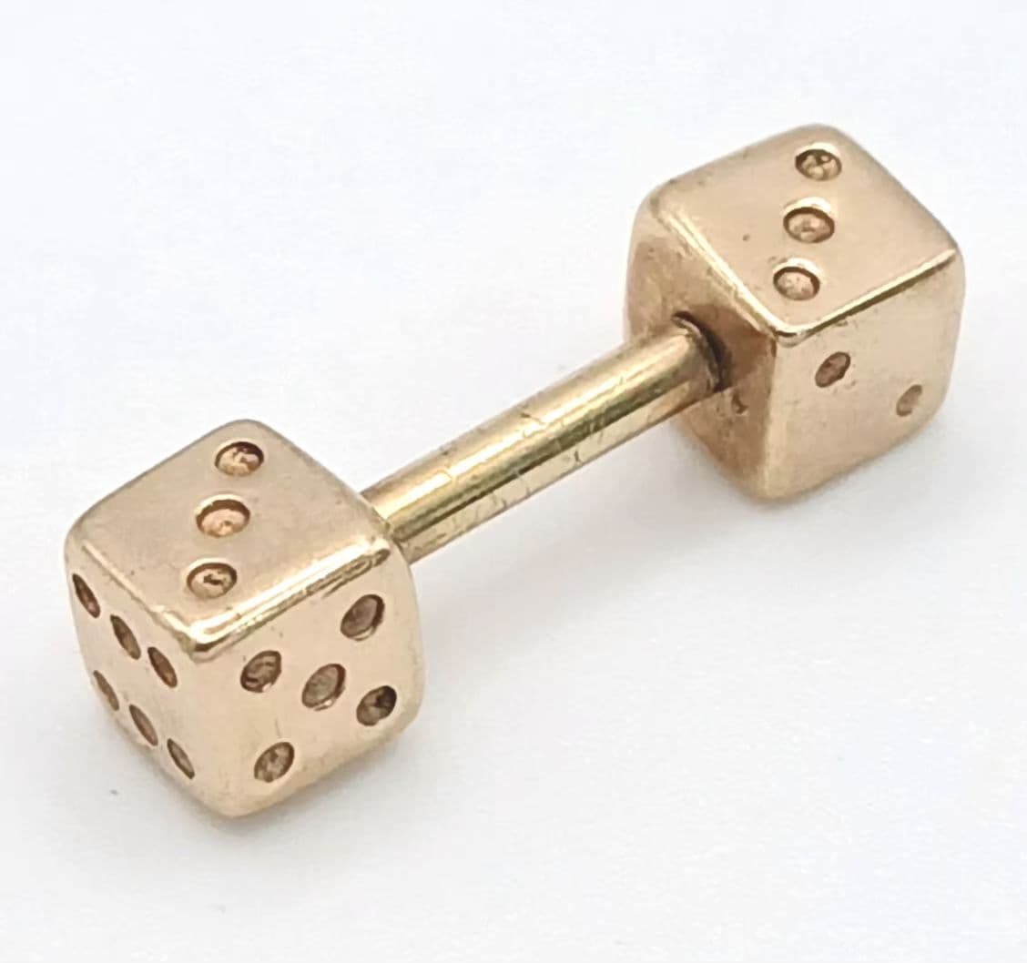 A 9K Yellow Gold, Double Dice, Body Piercing Bar. Believed To Be For The Tongue. 2.2G. Sc 3007