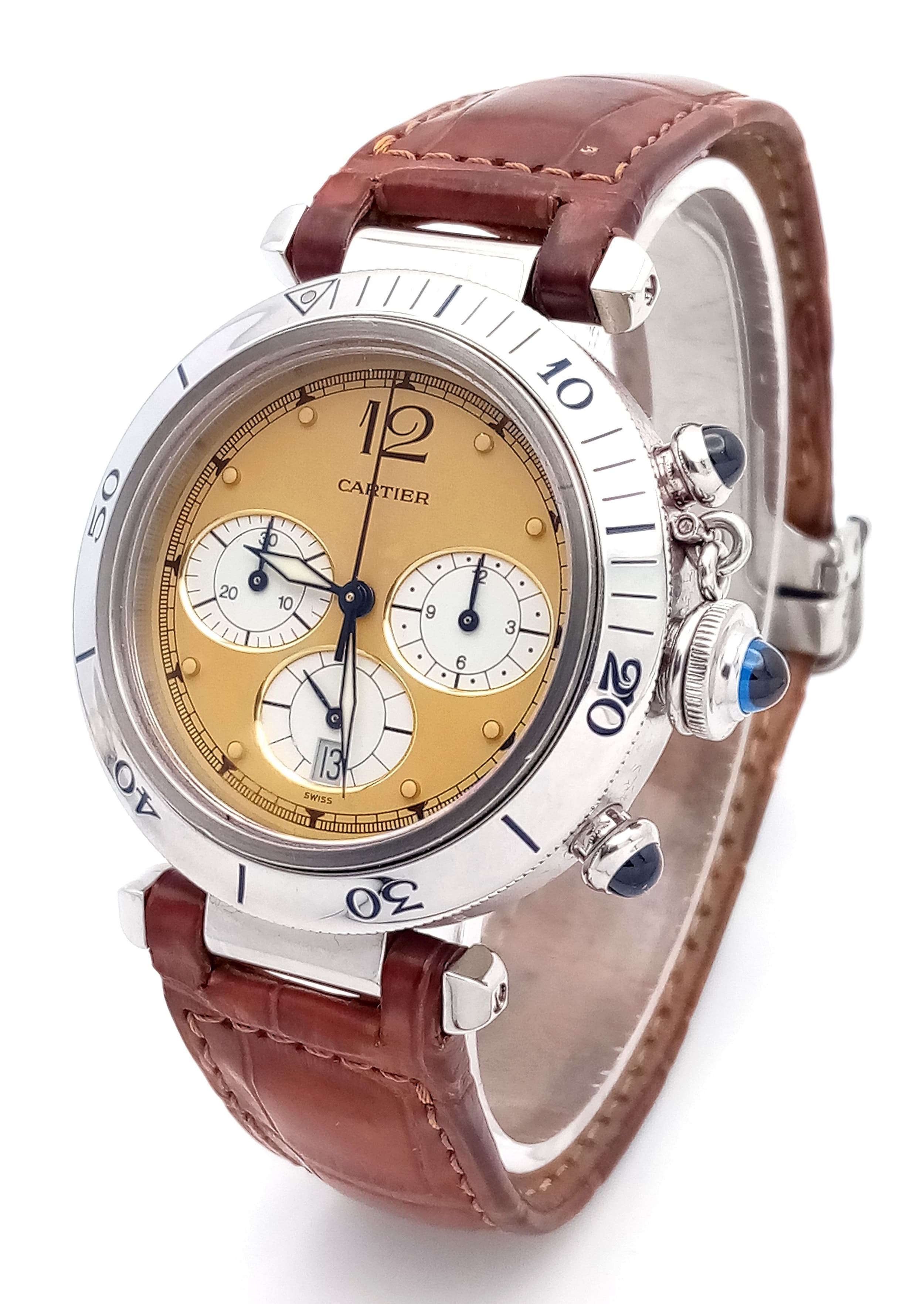 A Pasha de Cartier Quartz Chronograph Gents Watch. Brown leather strap with fold-over clasp. Stainless steel case - 38mm. Two-tone dial with three sub dials. Rotating bezel. Comes with a Cartier pouch and WCSA report. Ref: 028680.