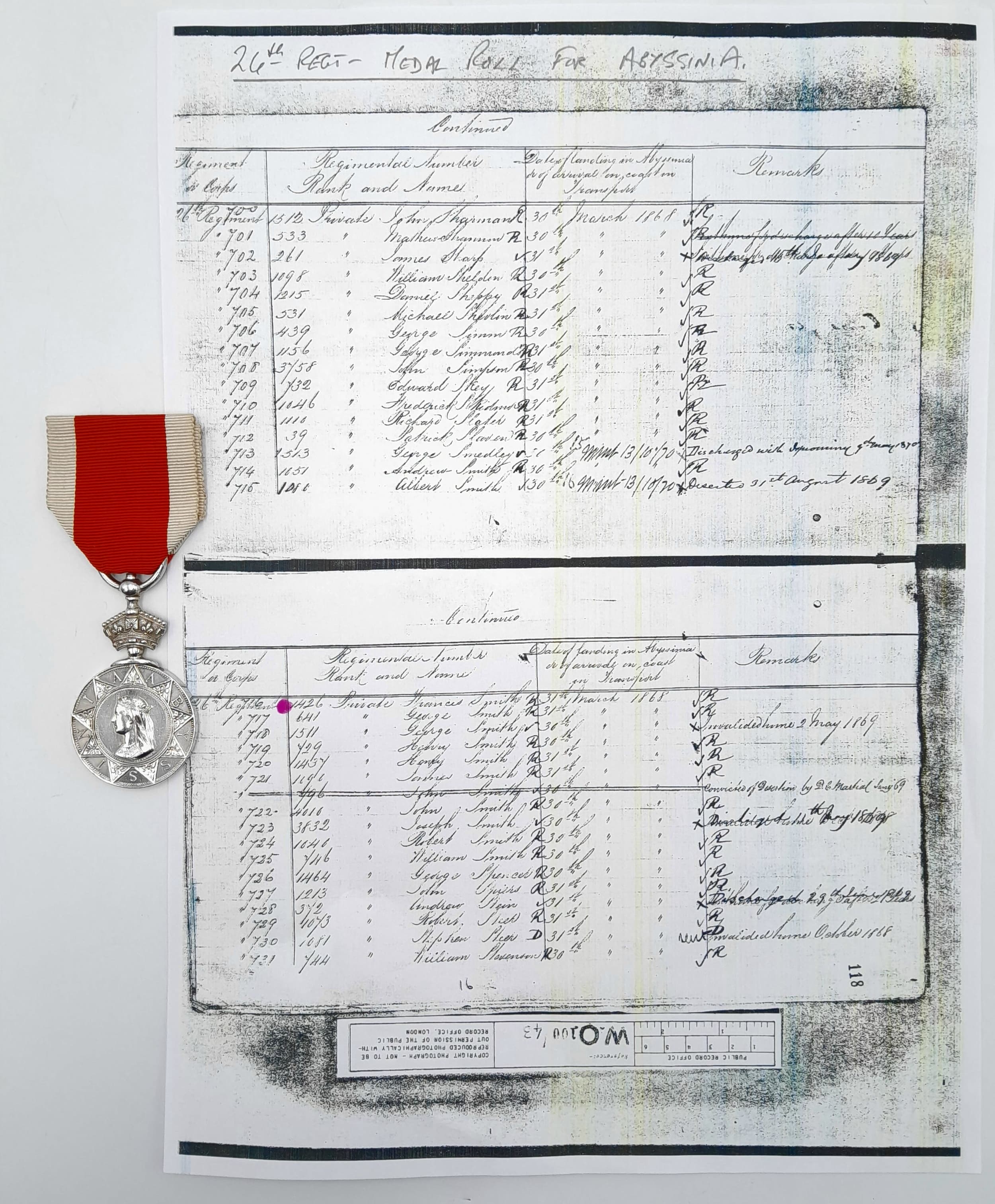 An Abyssinia Medal 1868, named to: 1426 F Smith, 26 th Regt (post-Childers, the First Battalion the Cameron Highlanders).1426 Pte Francis Smith, 26 th Foot, also noted as Frederick Smith, served in the Abyssinia Campaign of 1868 and also in the Anglo-Zulu War of 1879, being entitled to the South Africa Medal 1877-9 with clasp ‘1879’, whilst serving with the 94 th Foot.He is recorded stationed at Fyzabad, India, in 1871, serving with the 26 th Foot, and later stationed at Aldershot with the 94 th Foot. The 94 th Foot amalgamated with the 88 th Foot in 1881 to form the Connaught Rangers.The Abyssinia Medal, which is of a unique design, includes a characteristically weak method of attaching the medal to its suspension. As a result, many of these medalsoffered for sale exhibit a repair to the suspension, sometimes quite crude, which detracts from its intrinsic appeal. This example, however, features the original intact suspension as originally assembled and is therefore in particularly fine (GVF) condition.With regard to provenance, this medal was part of the ‘Jubilee’ Collection sold by Glendinnings in London on 27 May 1992. With copy extract from medal roll.