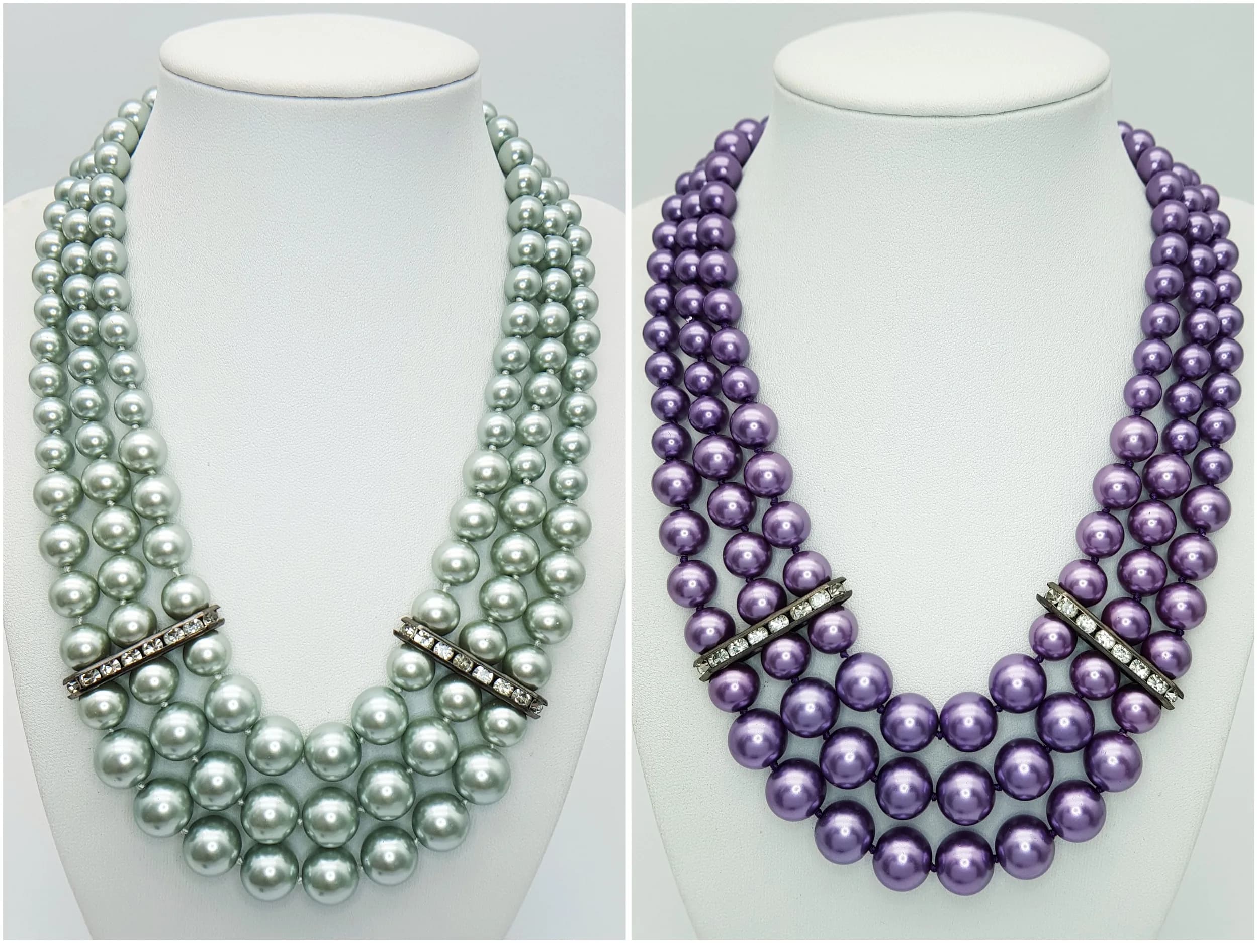 Two Colourful South Sea Shell Pearl Graduating Bead Choker Necklaces. Pale Green and Vibrant Purple. 42cm. White stone decoration.