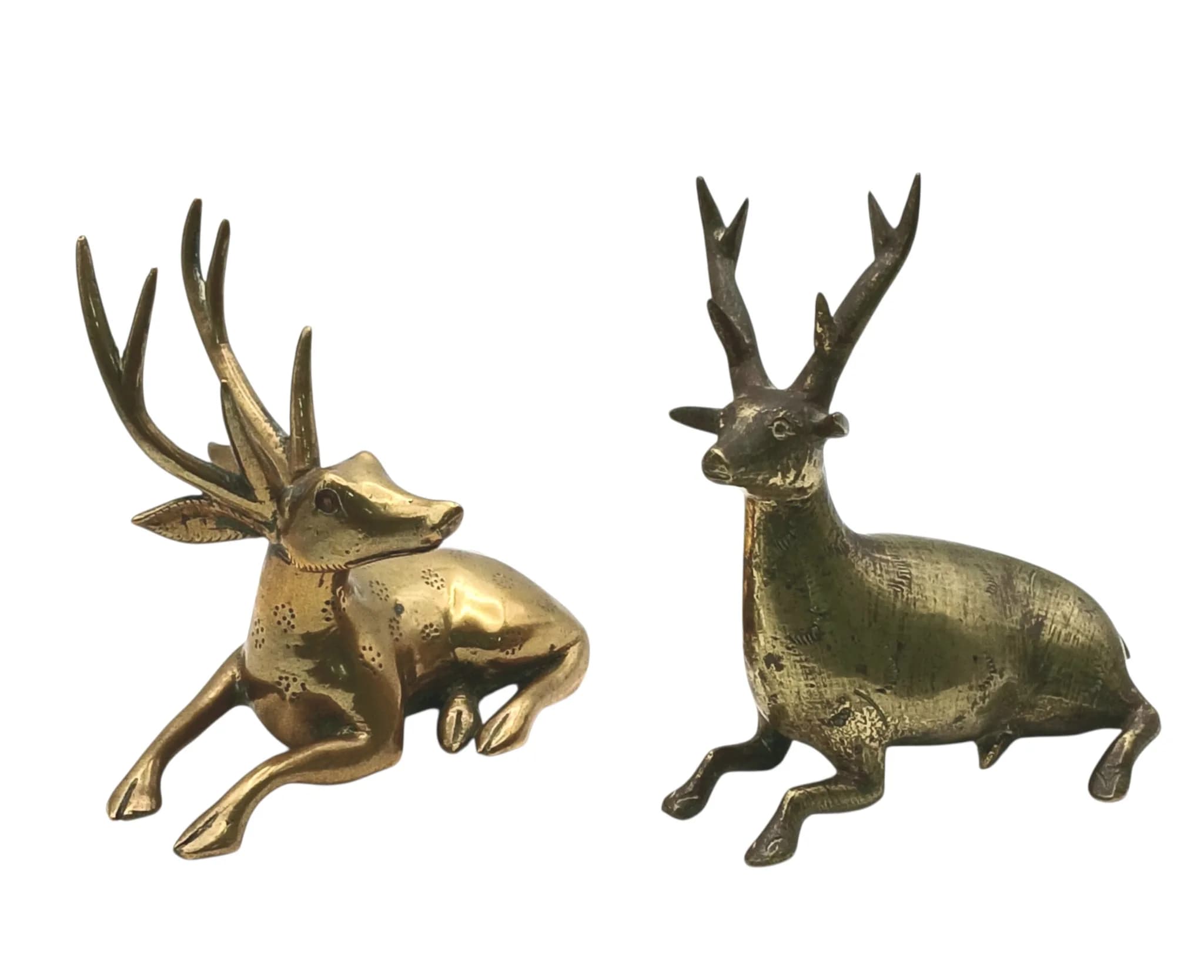 Two Vintage Brass Deer (Stag) Resting Figures. 10 x 12cm.