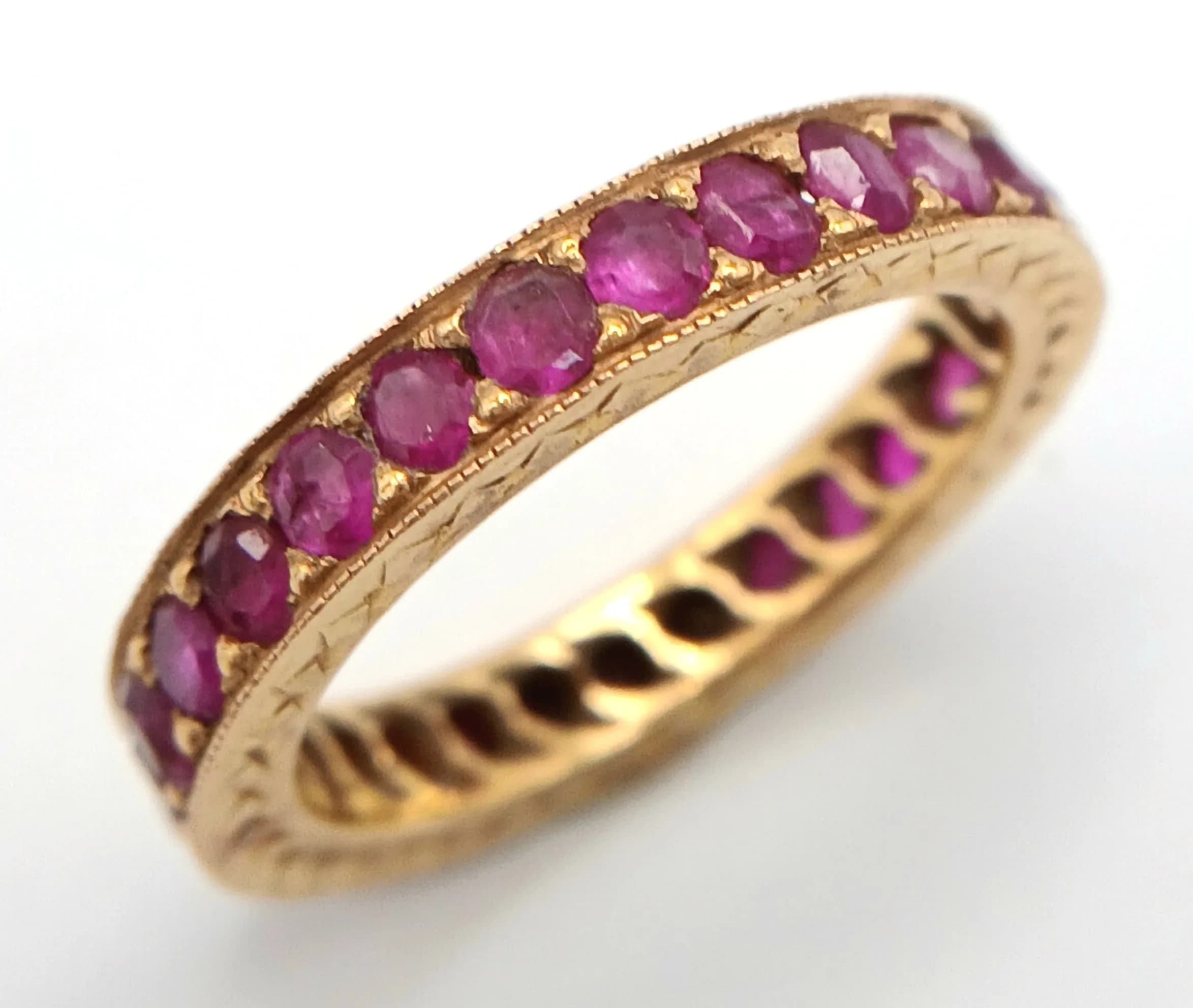 A 21K Yellow Gold Full Eternity Ruby Band / Ring. Total Weight 4.6 G, Size M/N. Ref: NL 22/44006