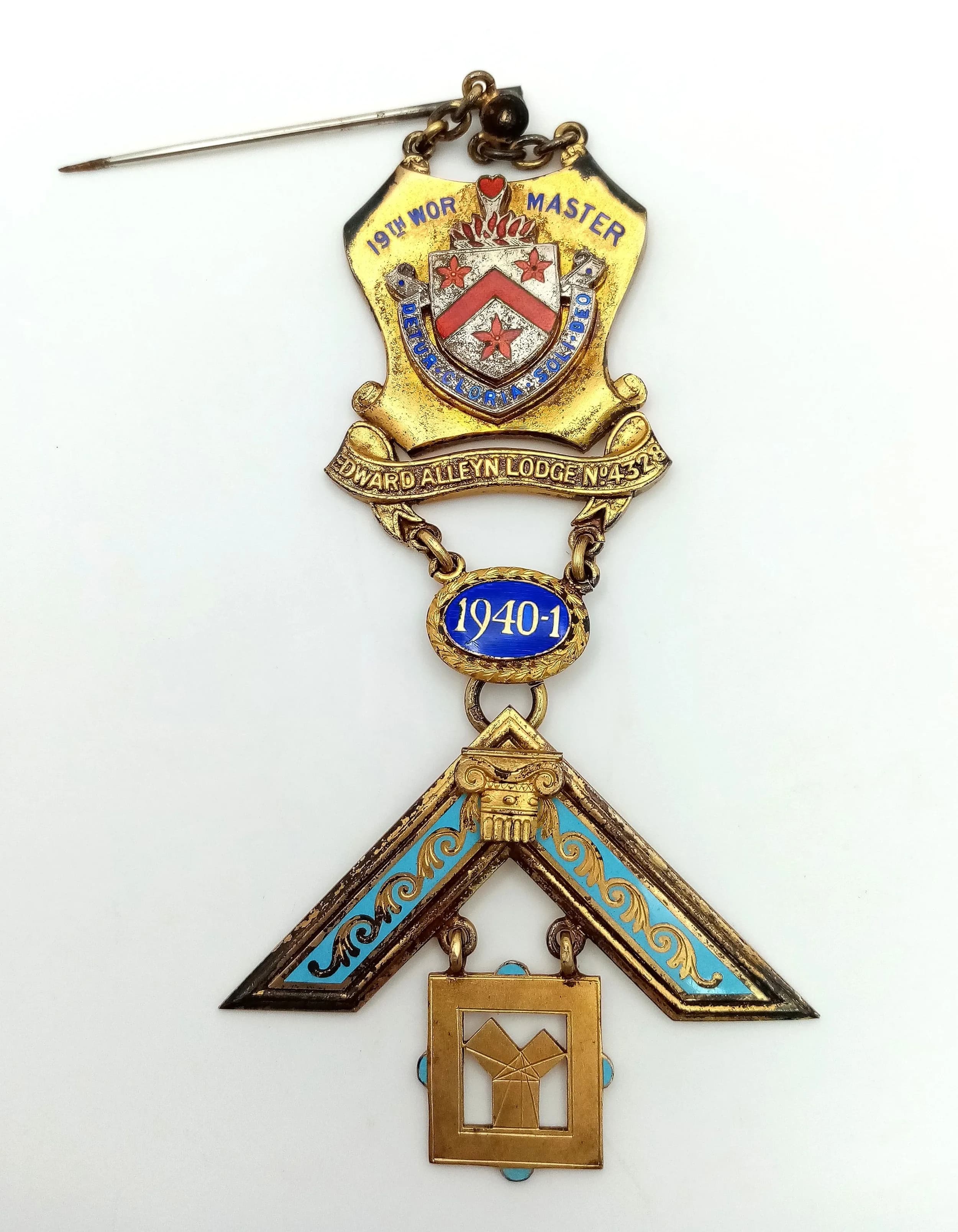 A Vintage Masonic Gilded Sterling Silver and Enamel Past Master's Jewel/Medal. Dated 1940-41 and presented by the Edward Alleyn Lodge. Hallmarks for Birmingham 1927. 10.5cm length. 49.8g total weight.