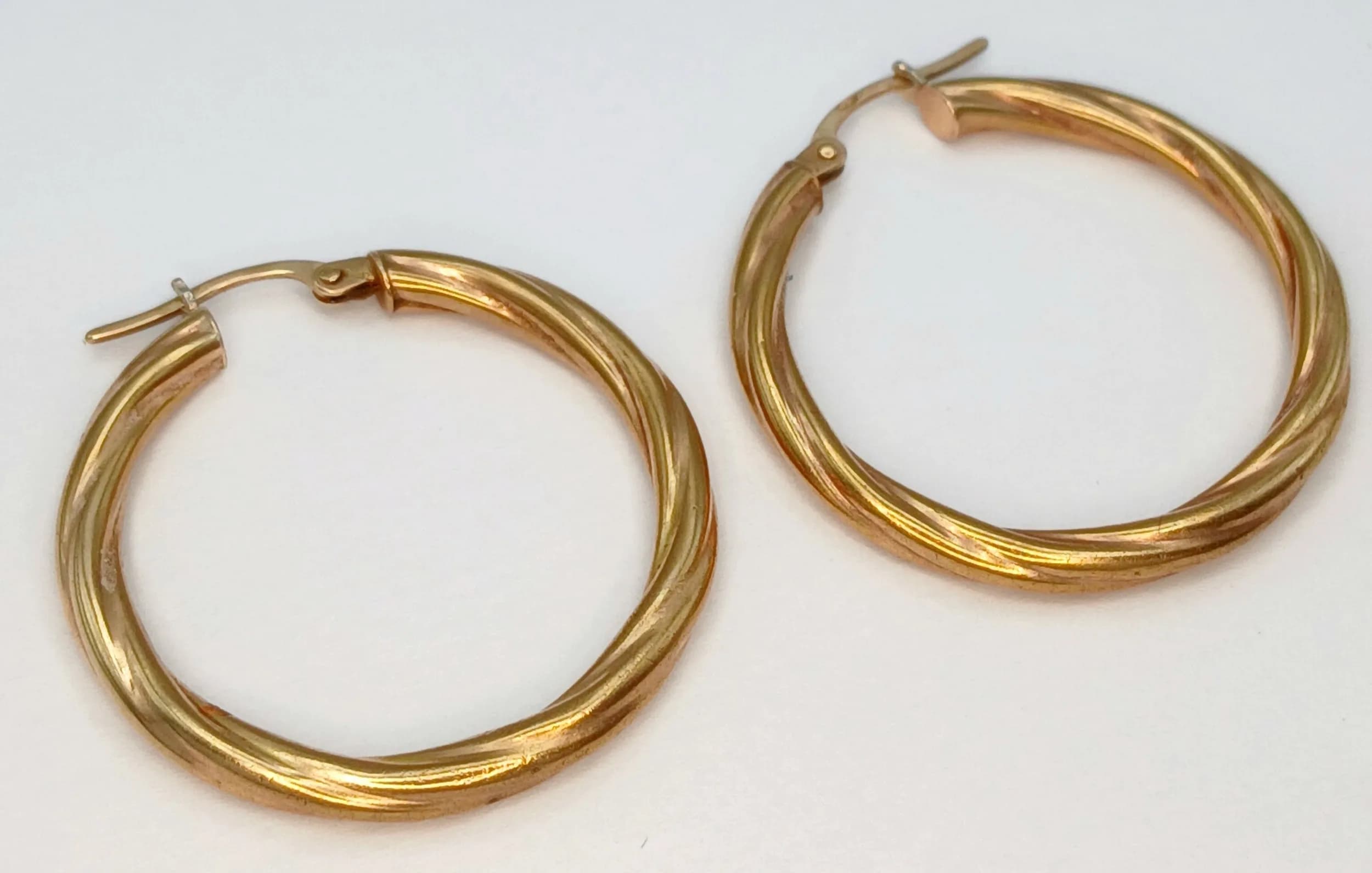 Traditional Pair of 9 CARAT GOLD ‘BARLEY TWIST’ HOOP EARRINGS. 1.9 Grams. 3.0 cm Diameter.