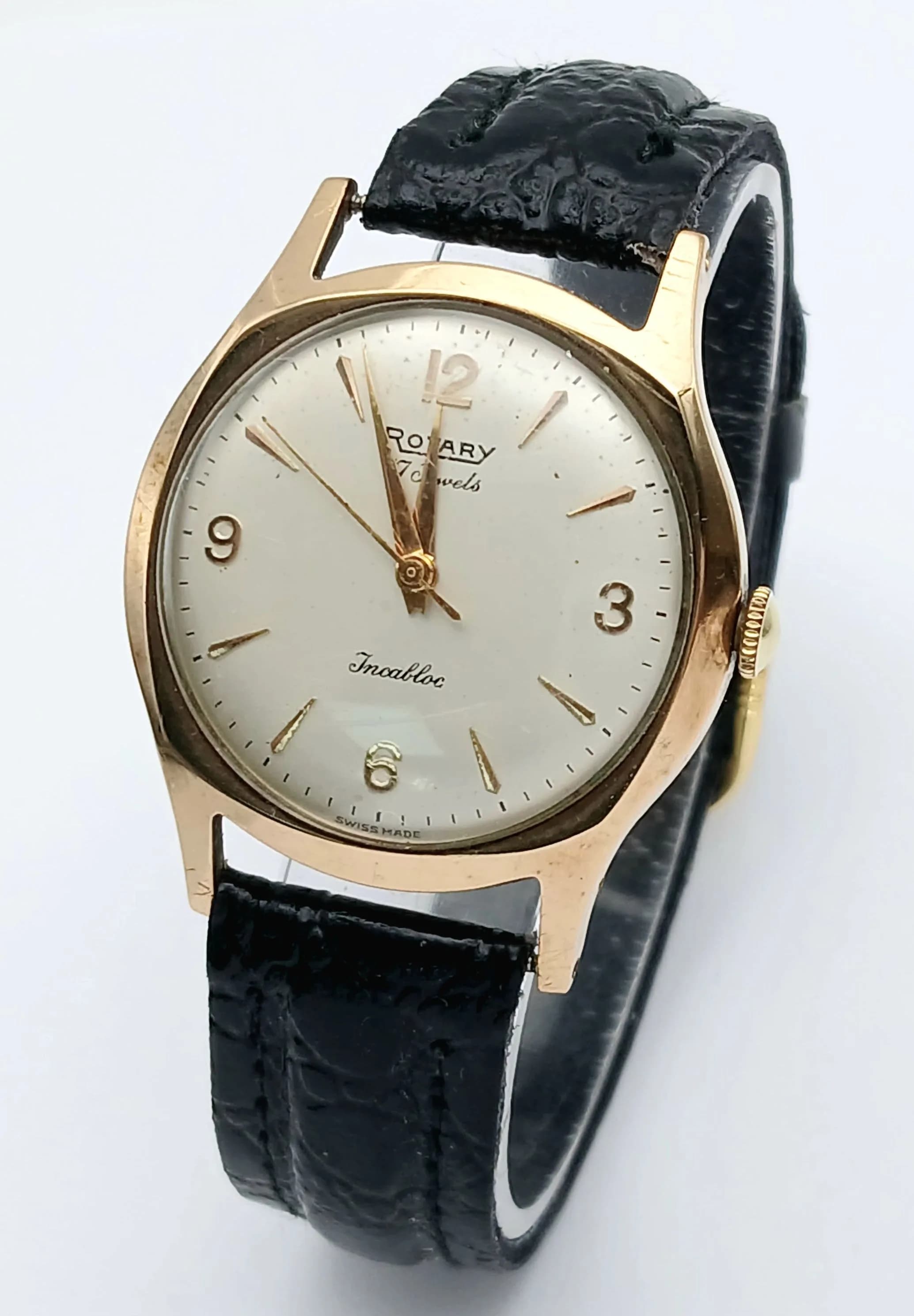 Gentleman’s 9 CARAT GOLD ROTARY WRISTWATCH. Full UK hallmark. 17 Jewels. Black Leather Strap. Full working order. Please see pictures.