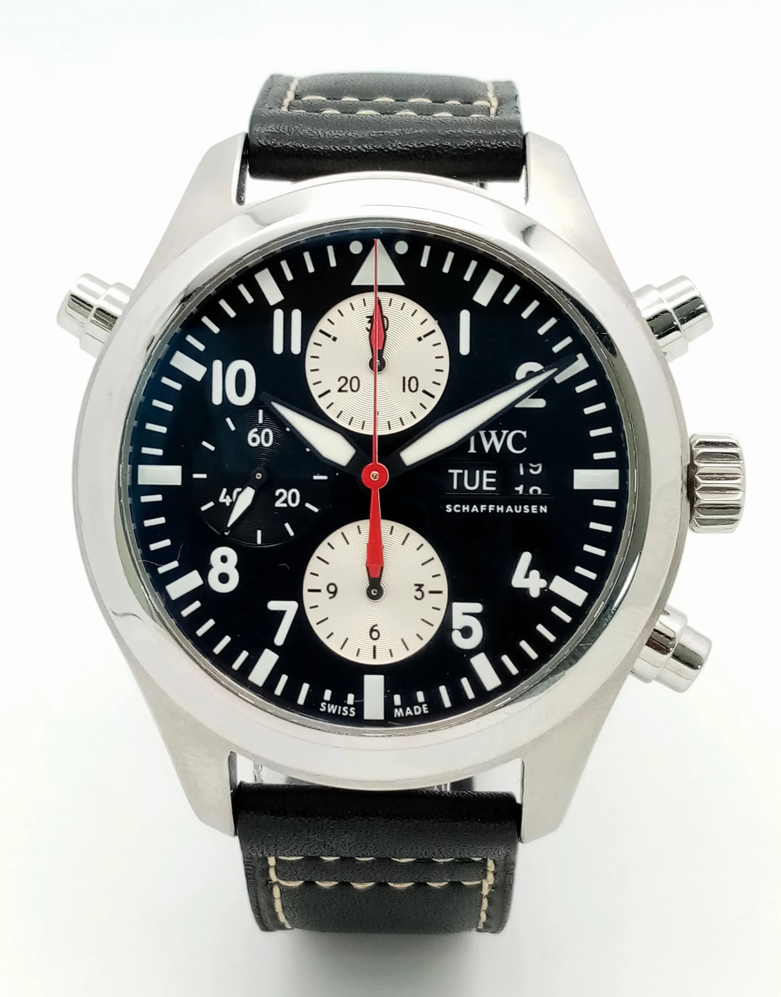 An IWC Limited Edition (21 of 50) Pilots Automatic Chronograph Watch. Model IW371813. Black leather strap. Stainless steel case - 44mm. Black dial with three sub dials. Day/date window. In good condition and working order. Comes with pouch, box and papers. Ref:008492