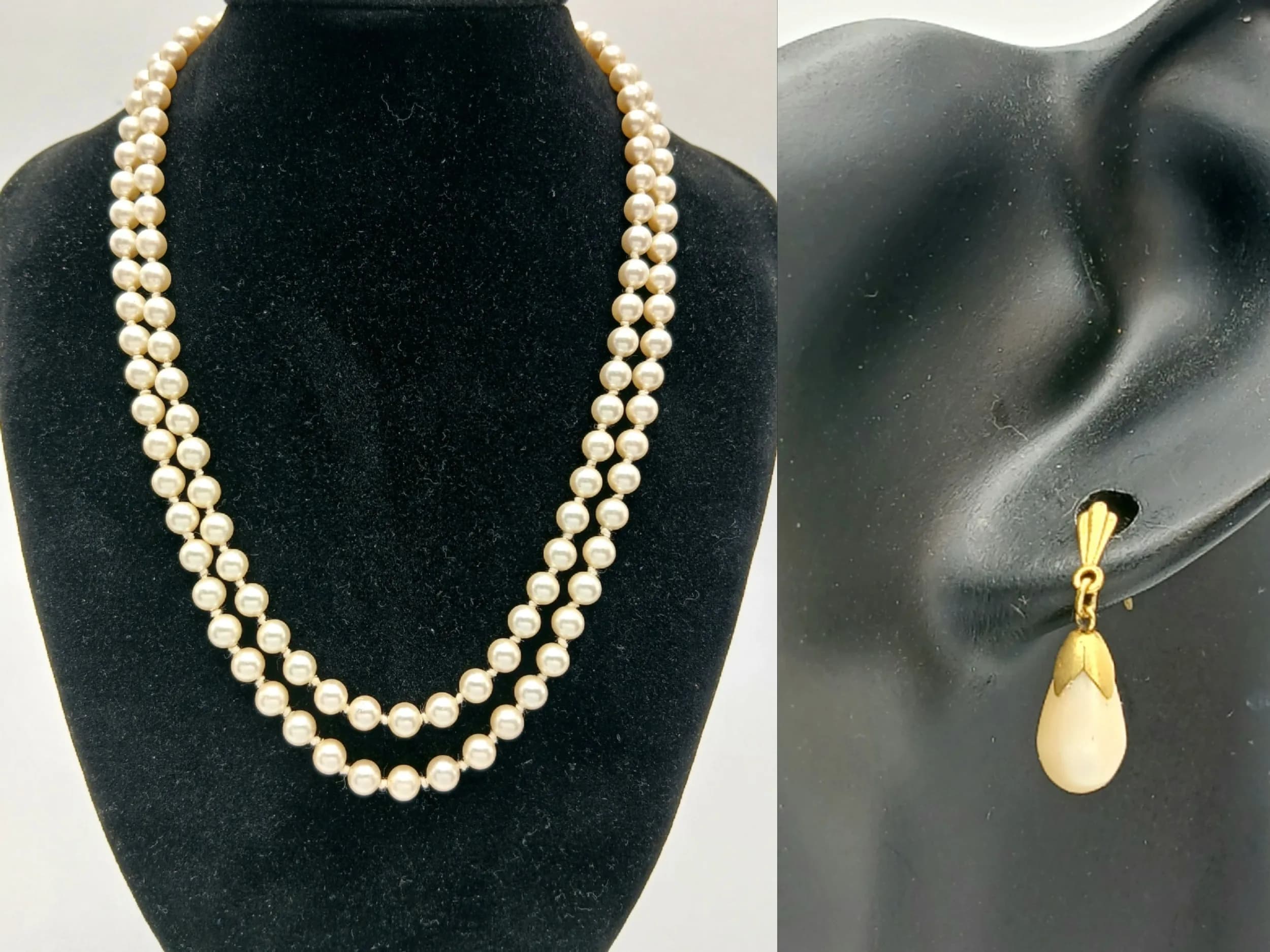 A TWIN CHOKER SET OF CULTURED PEARLS INDIVIDUALLY KNOTTED HAVING A SILVER CLASP PLUS A PAIR OF PEARL EARRINGS IN THE ORIGINAL "ROYALE" BOX .