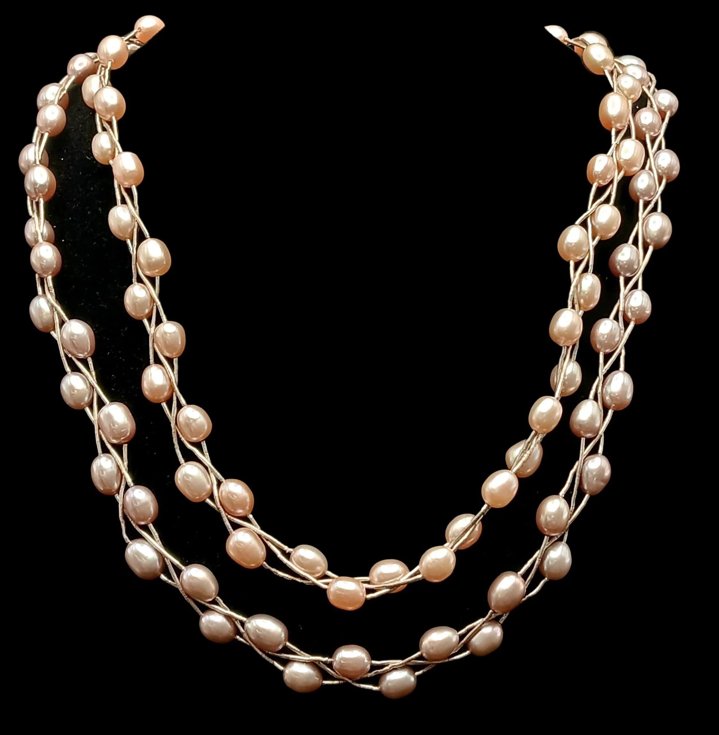 Beautiful FRESHWATER PEARL NECKLACE in Pastel Shades. Twin Rows on SILVER STRANDS with SILVER CLASP. 45 cm. Please see pictures.