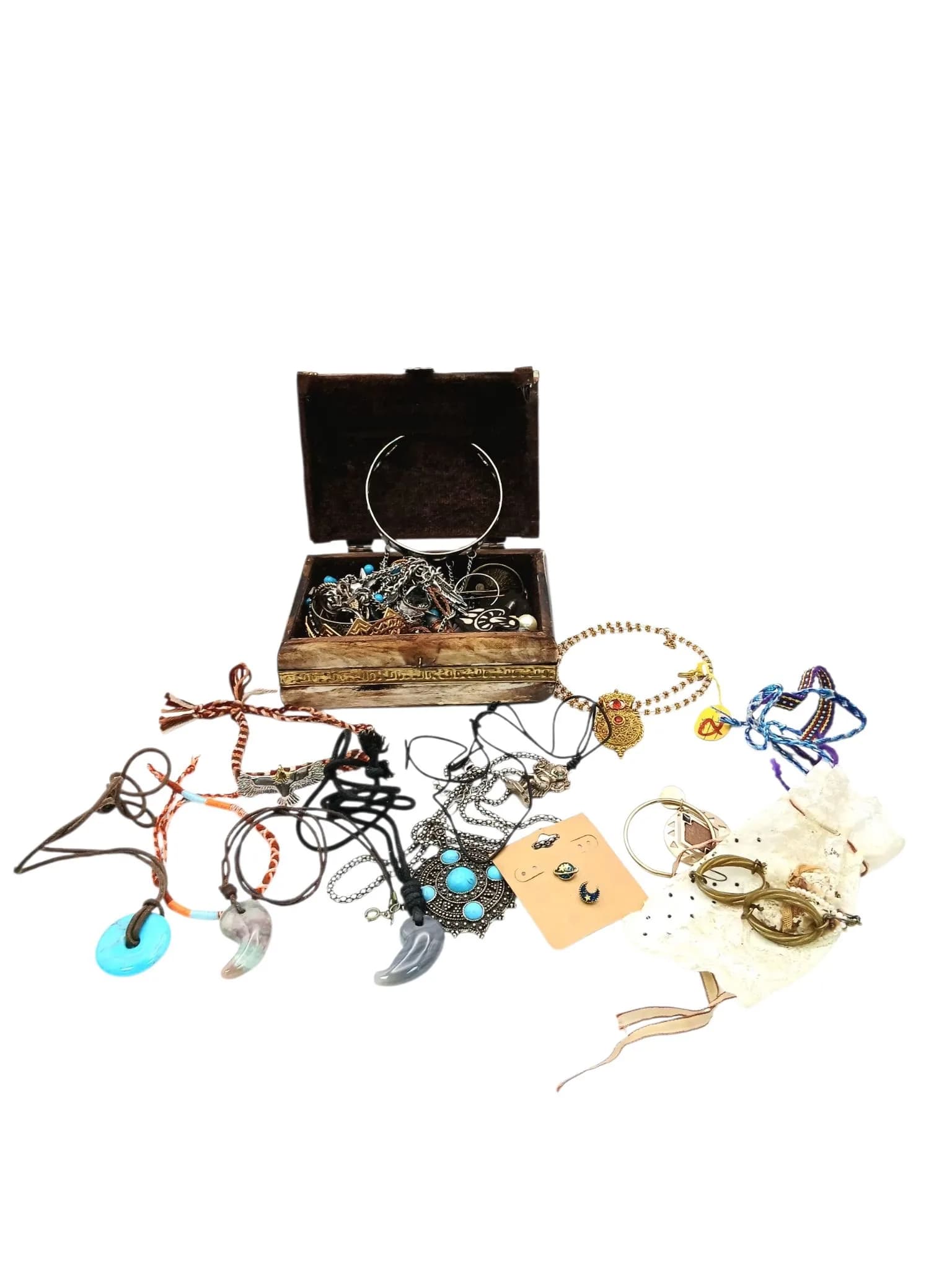 An Eclectic Mix of Better Quality Costume Jewellery. Presented in a splendid vintage Indian bone and brass trinket box. 15 x 10cm