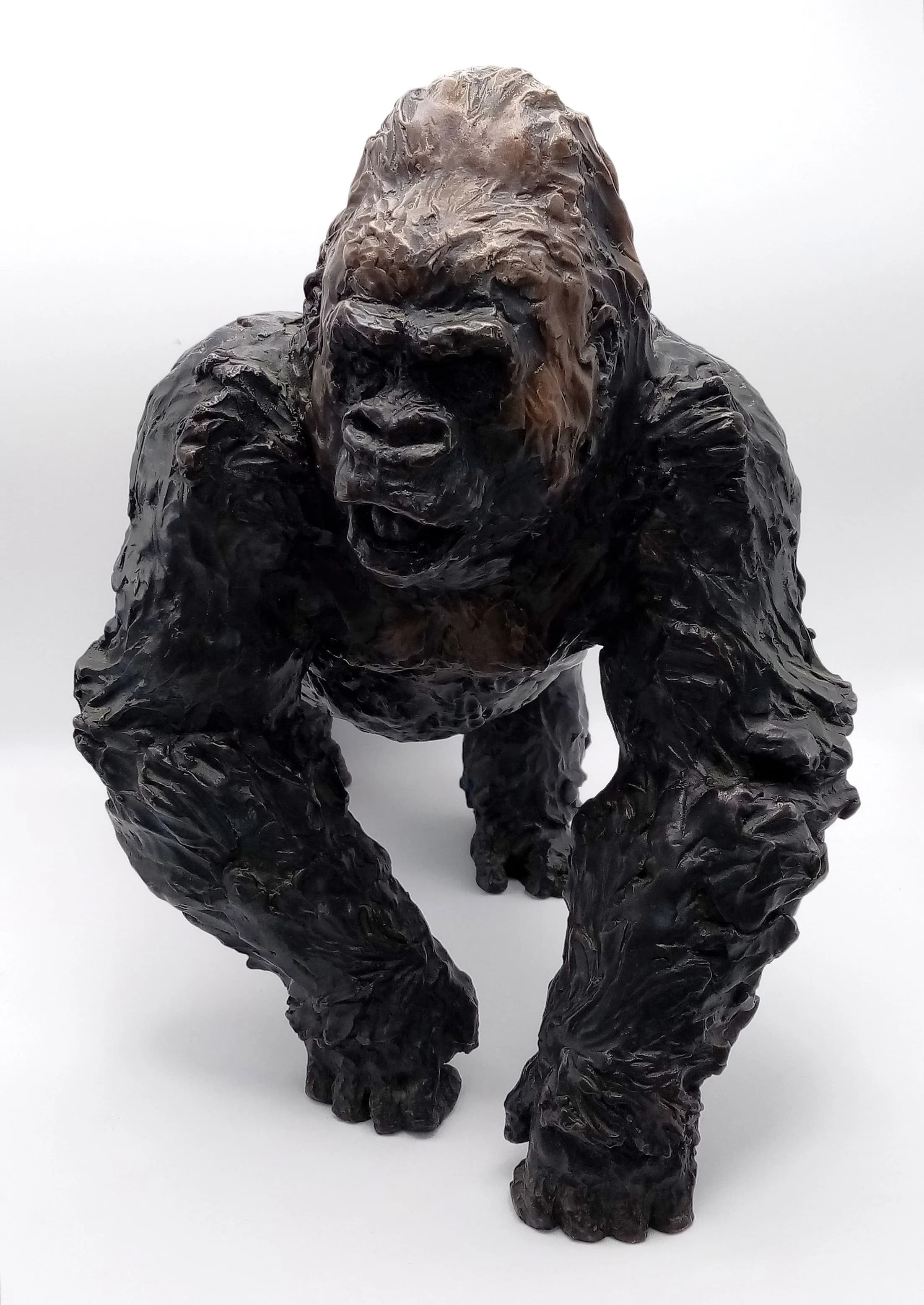 A Wonderful Vintage Bronze of Guy the Gorilla by William Timyn (1901-1990). Signed by the artist on inner leg. 39cm length x 25cm widest point by 33cm highest point. 14.7 kilos. The sculpture shows Guy on all fours with head turned to the right. Guy was a Western lowland gorilla born on 30th May 1946 who arrived on London from Paris Zoo on Guy Fawkes night, 5th November 1947. Winning bidder is advised to pick up from Cadmore HQ.