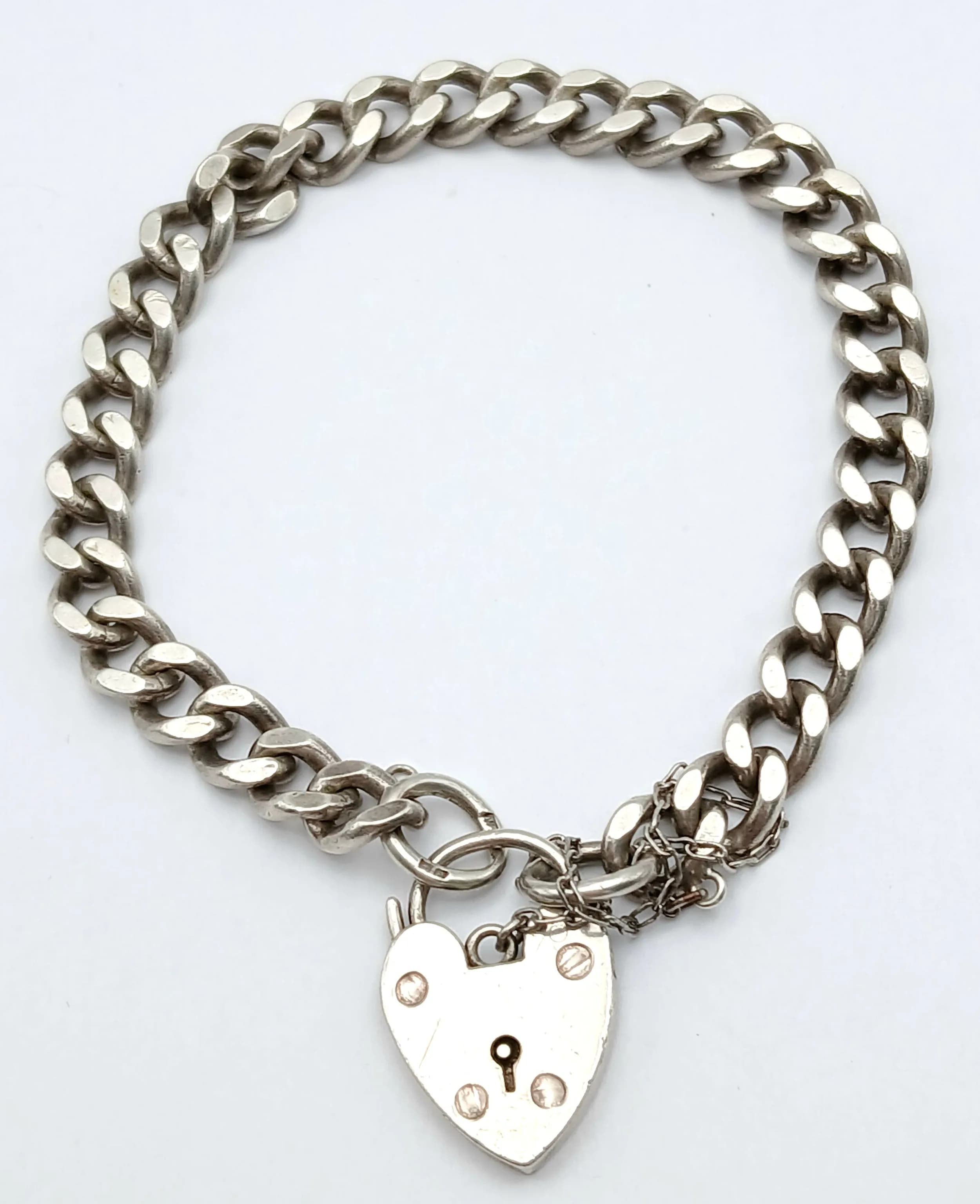 Fully Hallmarked SILVER BRACELET. Complete with Silver Safety Chain and Padlock. 21.65 Grams. 19 cm. Nice Heavy Quality Bracelet, Please see pictures.