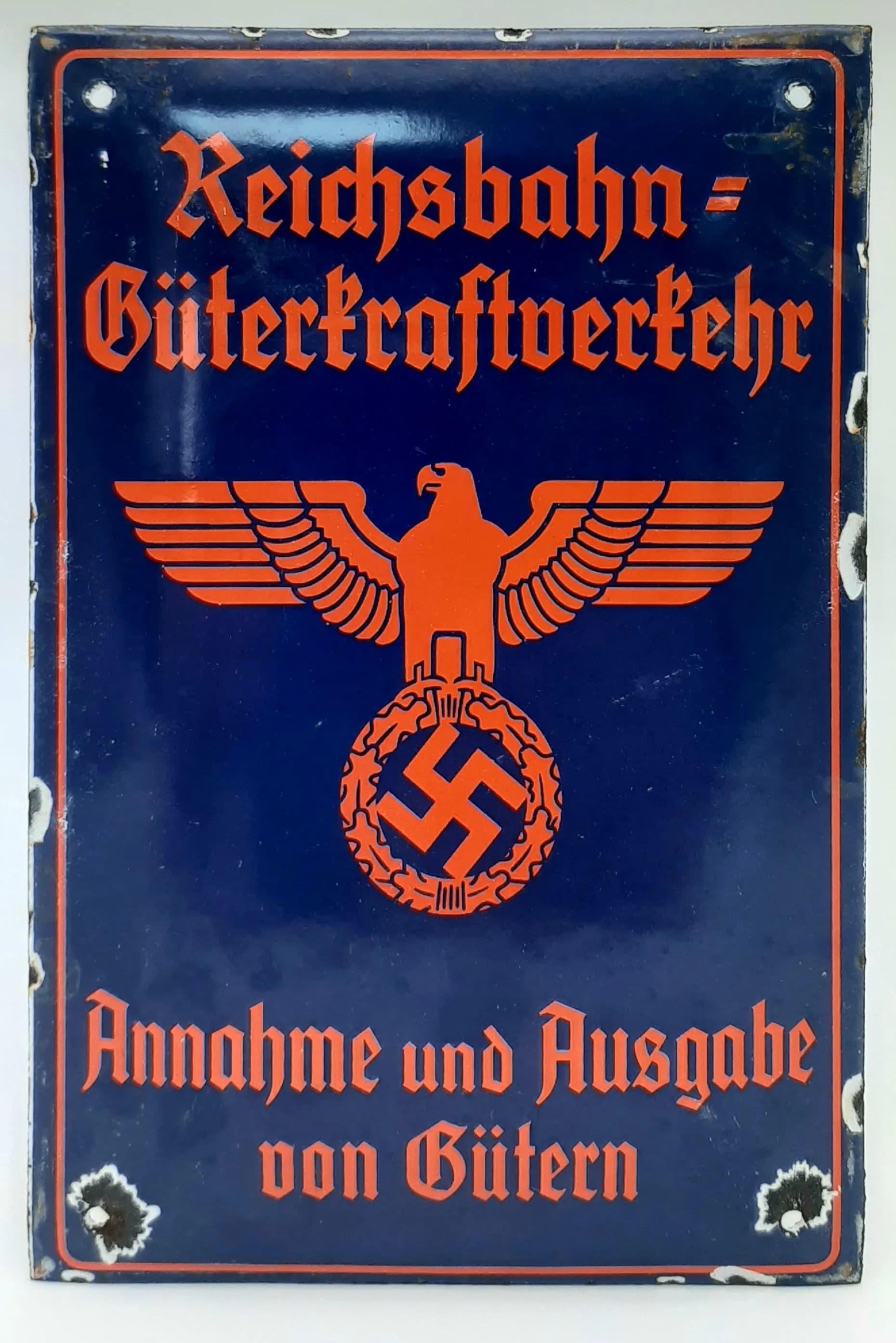 WW2 German Railway Freight Service Enamel Sign. 'Acceptance and Issue of Goods'. 12cm length x 18cm height.
