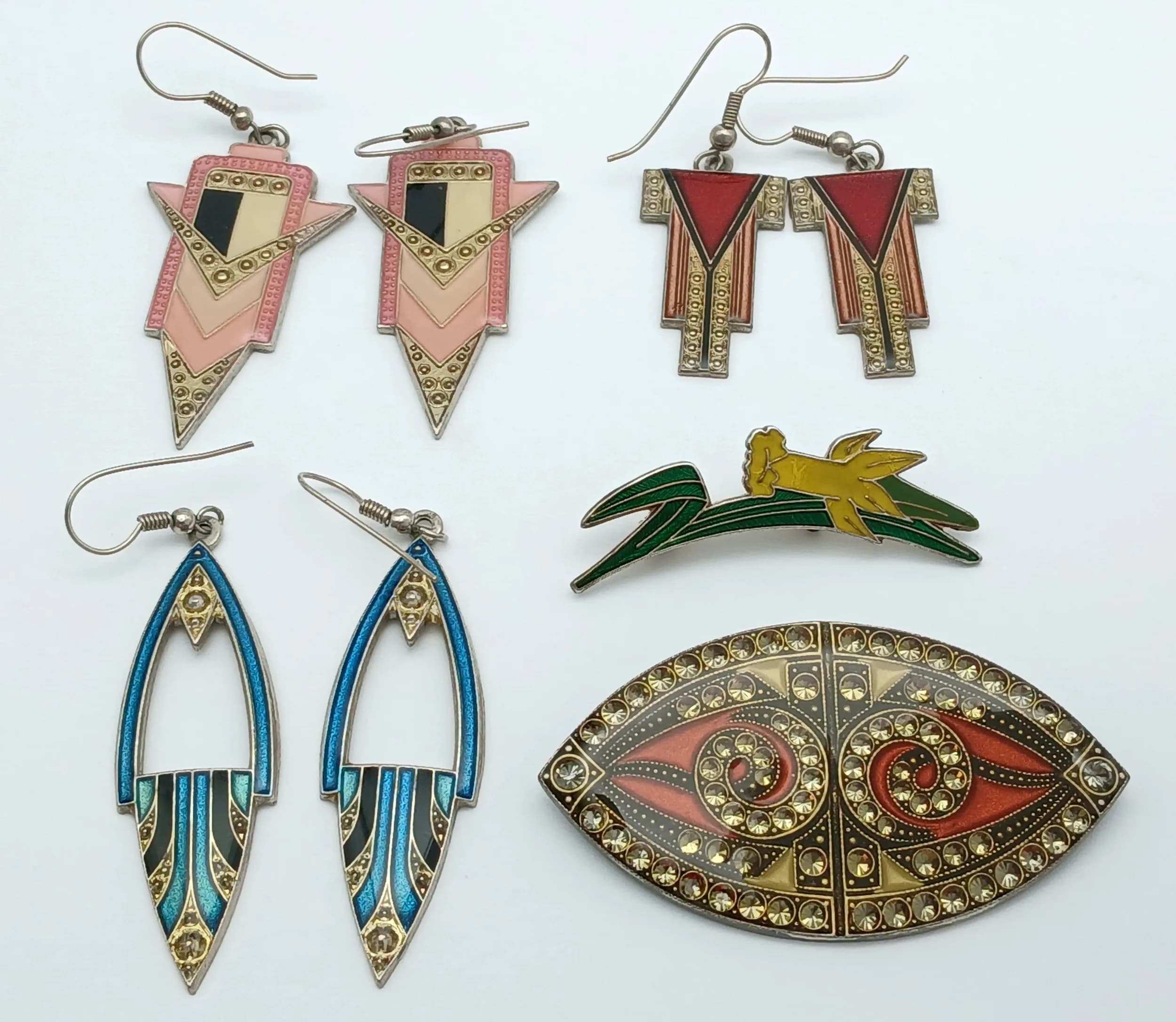 A Parcel of Vintage Art Deco Design Enamel Jewellery Comprising of Three Pairs of Earrings and Two Brooches.