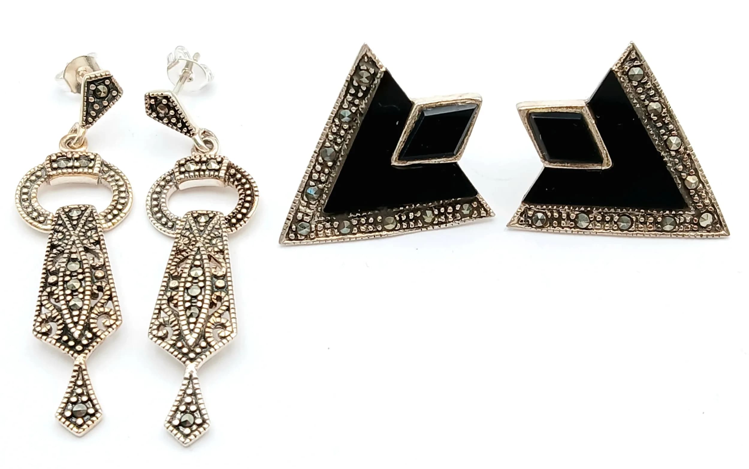 Two Pairs of Very Stylish Vintage Sterling Silver Marcasite Set Art Deco Design Earrings. The Triangular Black Onyx Pair measure 2.7 x 2.5cm and the Pendant Pair measure 5 x 1.3cm.