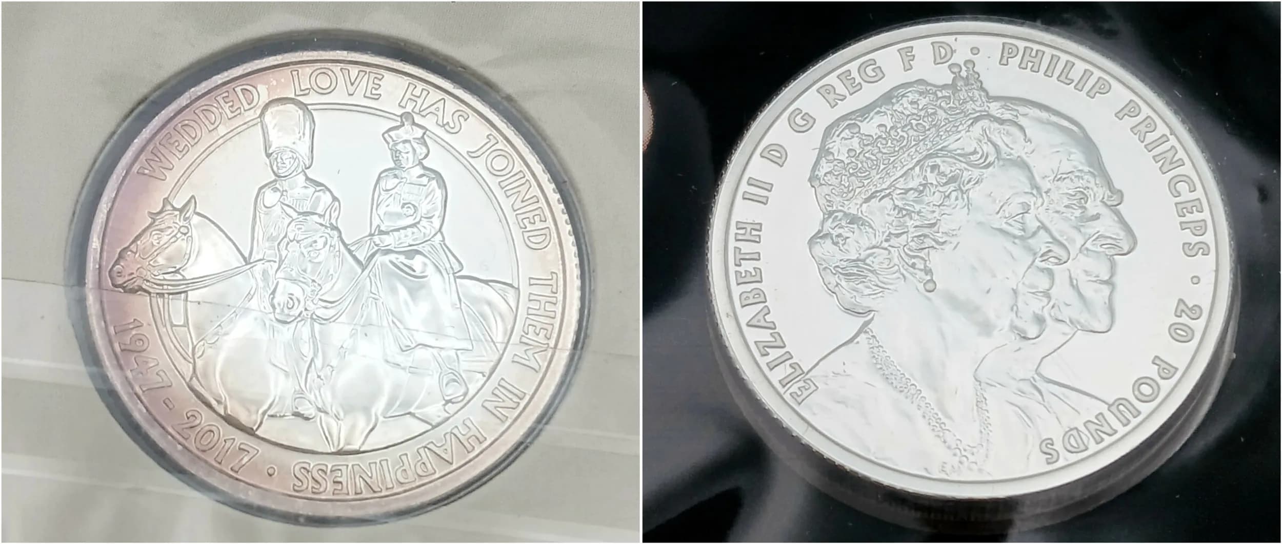 A Mint Sealed Condition Fine Silver £20 Coin-2017 dated and titled ‘The Platinum Wedding Anniversary’- 999 silver 15.71 grams as issued by the Royal Mint.