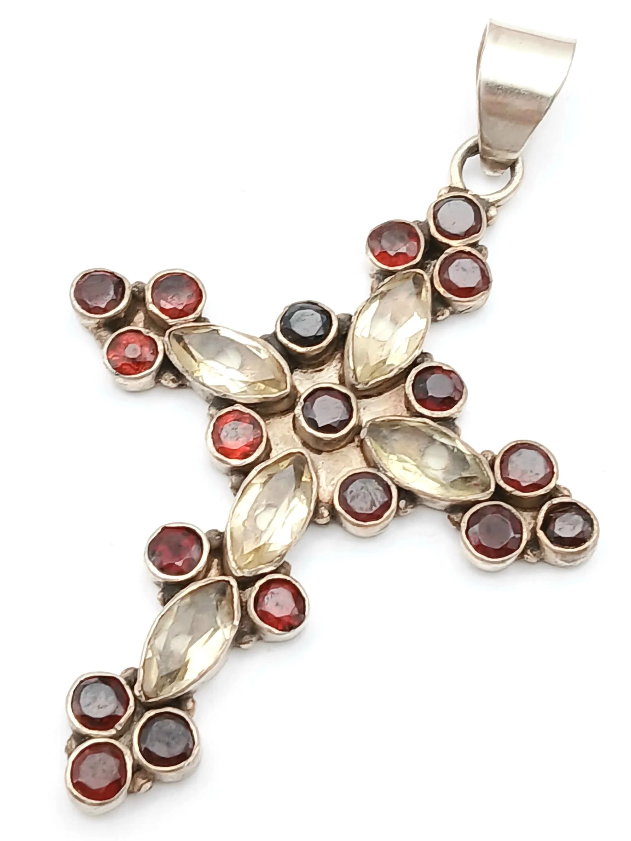 A Vintage Sterling Silver Large Size Garnet and Citrine Cross Pendant. 6.6cm drop, 4.4cm wide and set with Marquise Cut Citrine and Round Cut Garnets. Gross weight 11.54 grams.