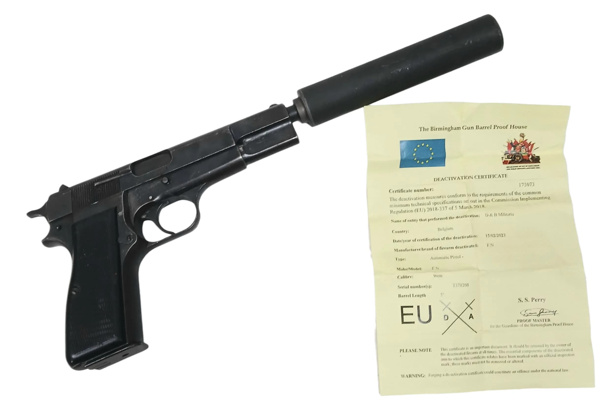 A Deactivated Vintage Browning High Power Pistol with Silencer. Made in Belgium with a 9mm calibre and 5 inch barrel length. Retractable magazine and detachable silencer. Comes with an EU deactivation certificate. EU/UK sales only - Not Holland. UK Mainland shipping only or arrange a courier.