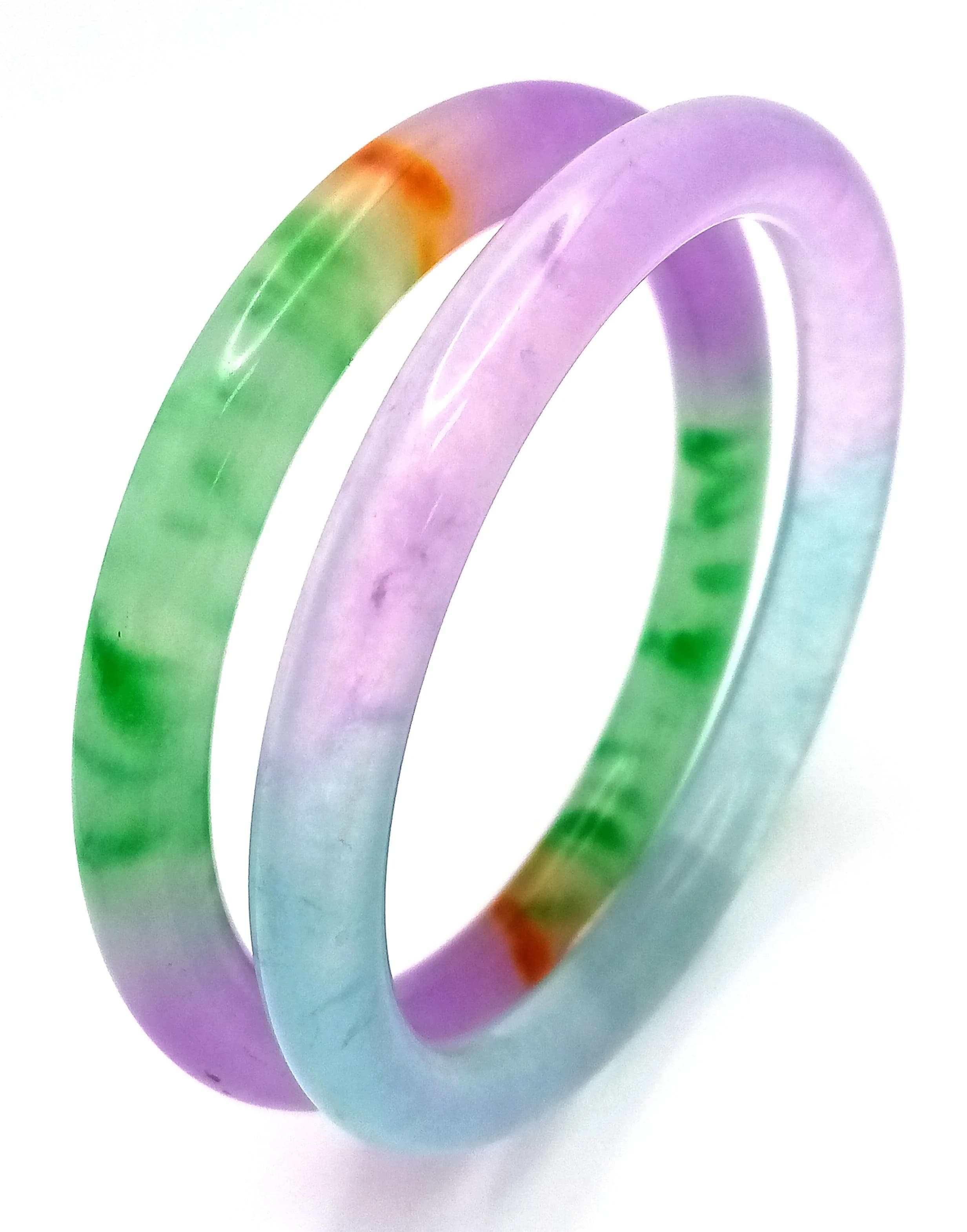A Pair of Multicoloured Thin Jade Bangles. 10mm width. 58mm inner diameter.