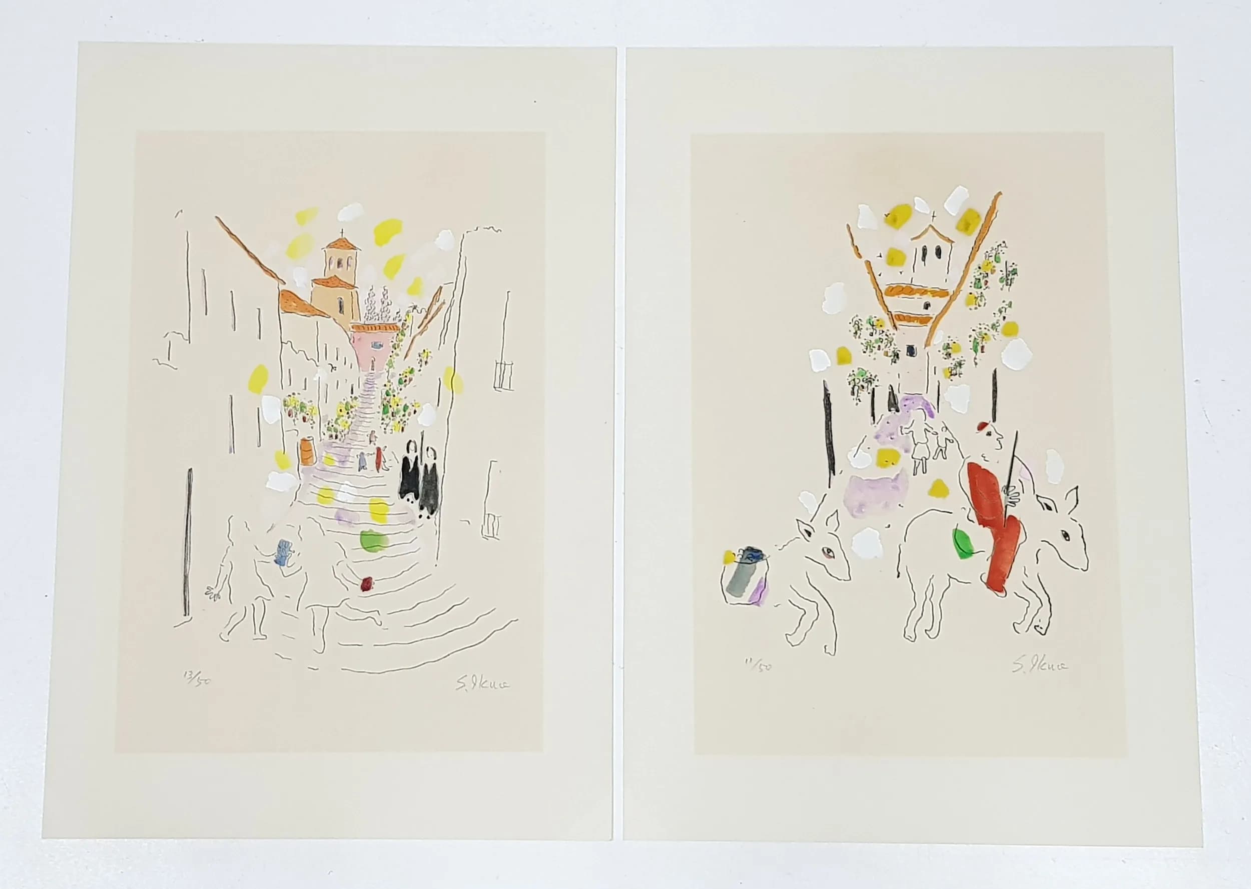 Two Japanese Prints, 'In Granada, Playing Tag' and 'From Granada, Donkey Rider' by Ikuo Shimada. Both signed by the artist in pencil. Limited edition, 11 and 13 of 50. Approximately 23.5cm length x 35cm height artwork, 31cm length x 44.5cm height full sheet.