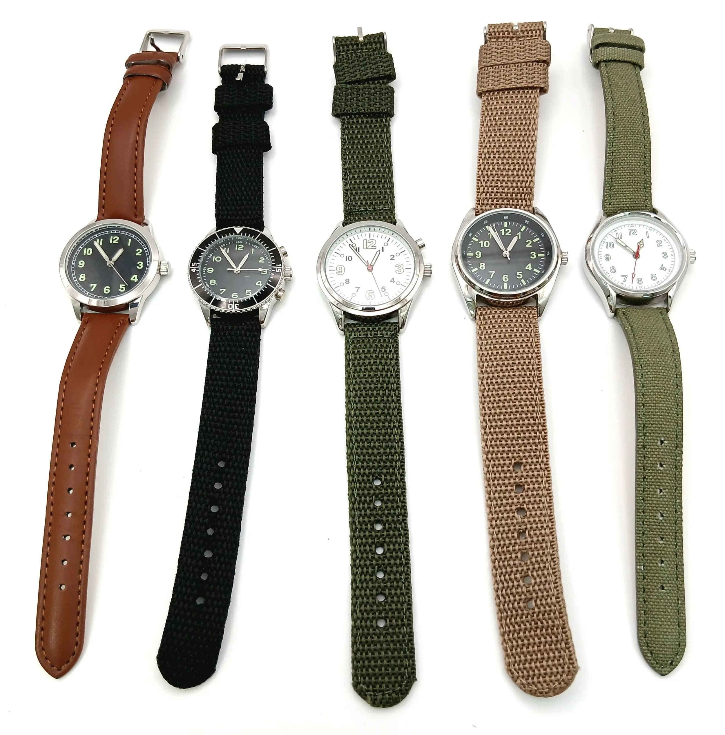 A Parcel of Five Military Design Quartz Watches Comprising: 1) A 1970’sStyle German Airman-33mm Case, 2) A 1940’s Style German Soldier-34mmcase, 3) 1960’s Style Canadian Airman-37mm case, 4) 1980’s Style UnitedKingdom Airman-36mm case and 5) 1970’s Style Indian Army-34mm Case.All have had battery replacements in June 2026.