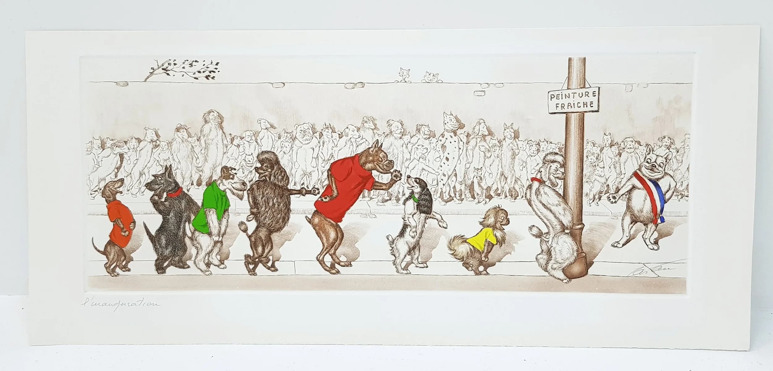 A Hand Coloured Etching on Paper, 'L'Inauguration' (The Inauguration) by French Artist Boris O'Klein (1893 - 1985). From the 'Dirty Dogs of Paris' series. Depicting a line of anthropomorphic dogs waiting to urinate on a freshly painted post. Signed by the artist in pencil. Approximately 48cm length x 18.5cm height artwork, 57cm length x 25cm height full sheet. Some slight discolouration to sheet borders and one rough edge but artwork is in good condition overall.