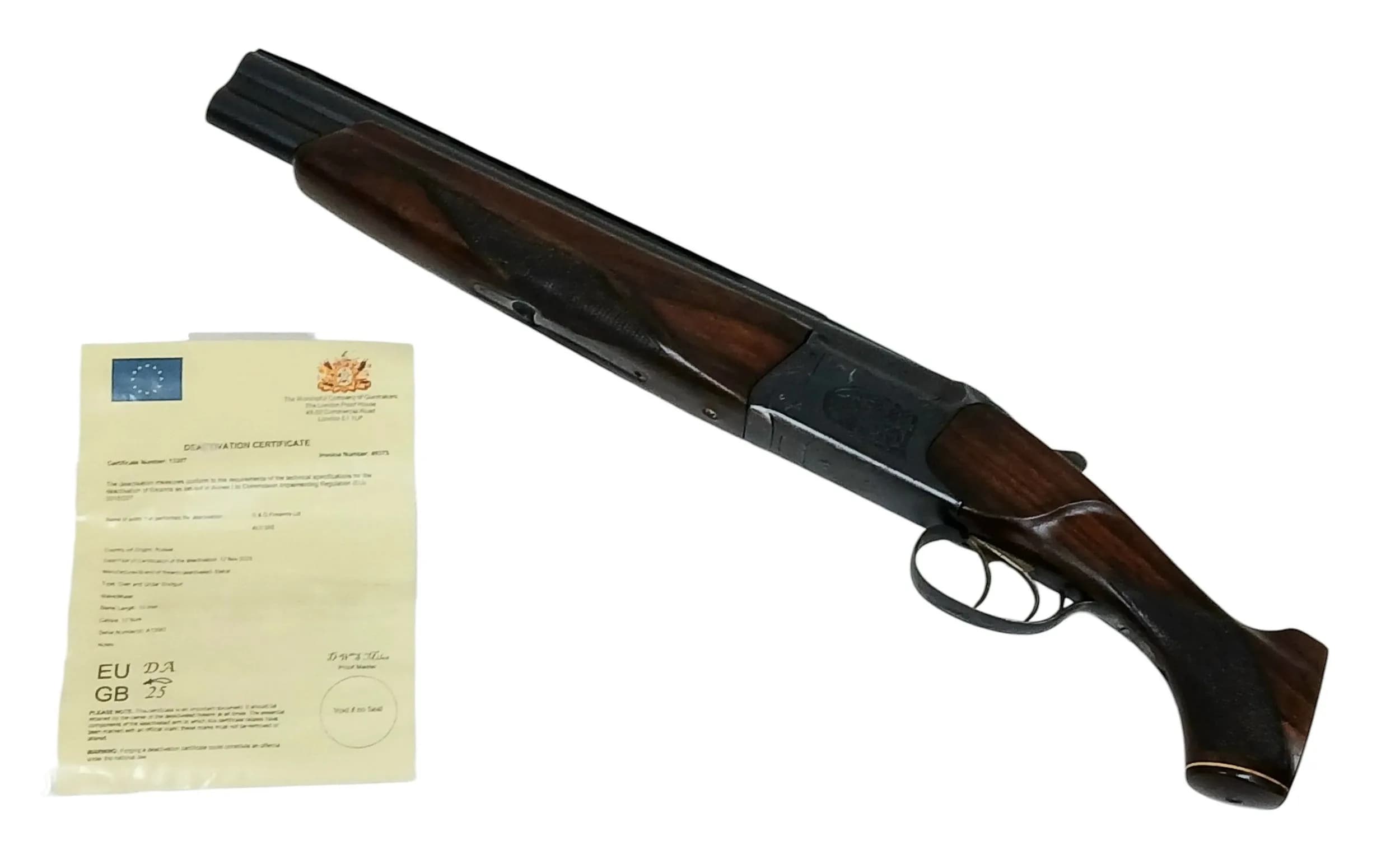 A Deactivated Russian Baikal Over and Under 12 Gauge Sawn-Off Shotgun. 15 inch barrel length. EU deactivation certificate. EU/UK sales only - Not Holland. UK Mainland shipping only or arrange a courier.