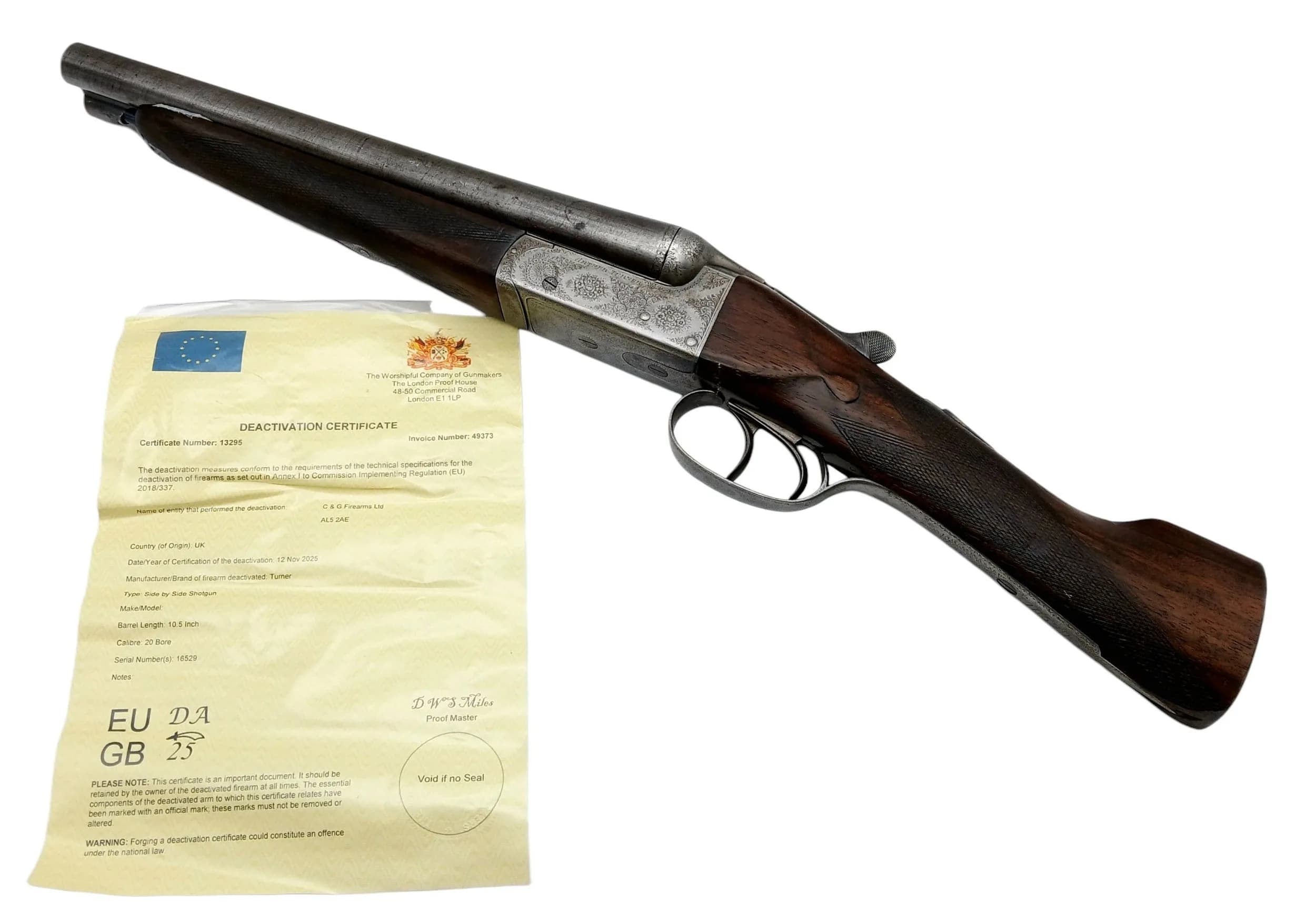 A Deactivated British Turner 20 Gauge Sawn-Off Shotgun. 10.5 inch barrel length. EU deactivation certificate. EU/UK sales only - Not Holland. UK Mainland shipping only or arrange a courier.