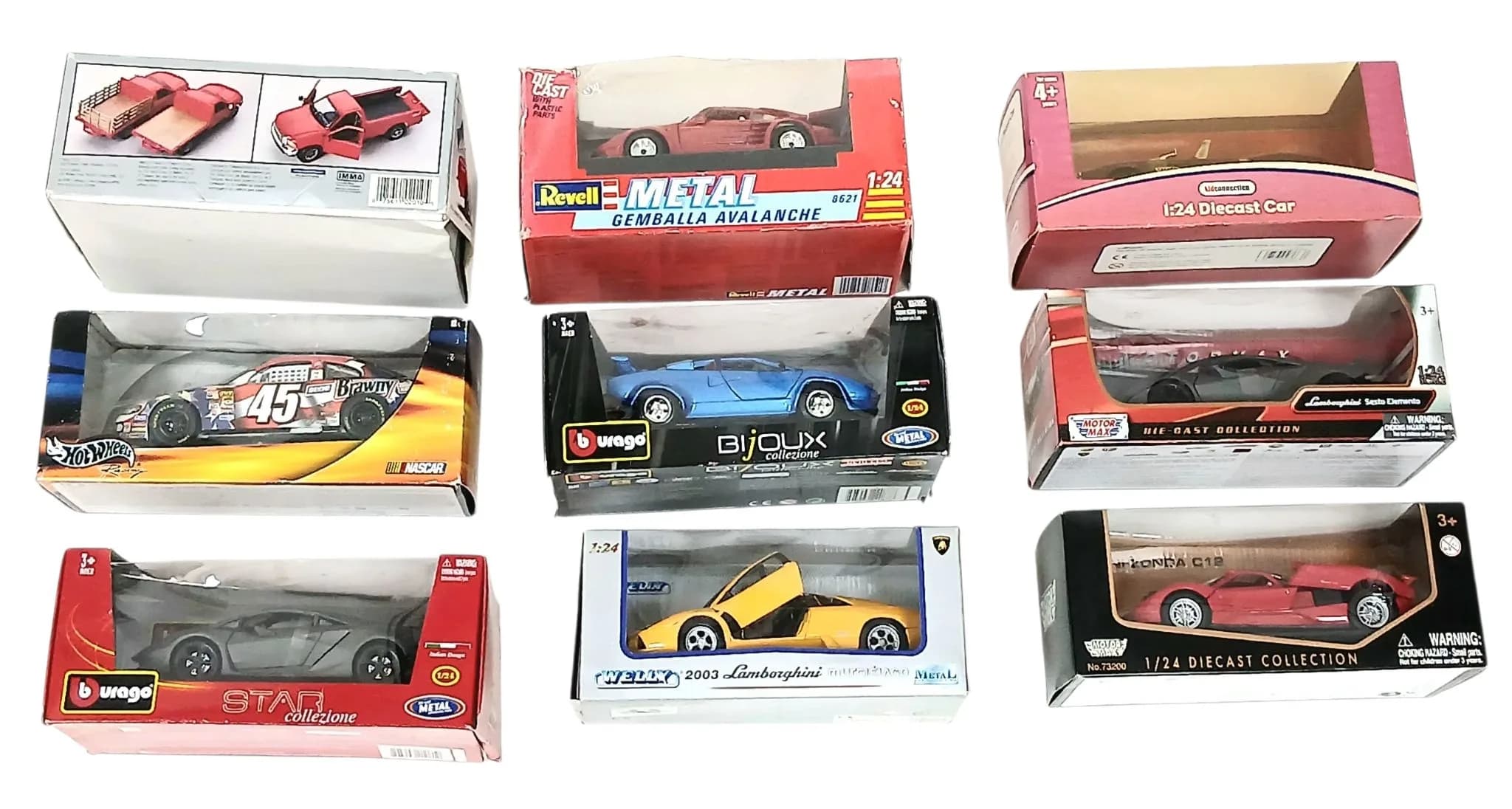 Nine, 1/24th scale die cast vehicles. Models in good condition, although the boxes show some wear from storage. Please see photos.