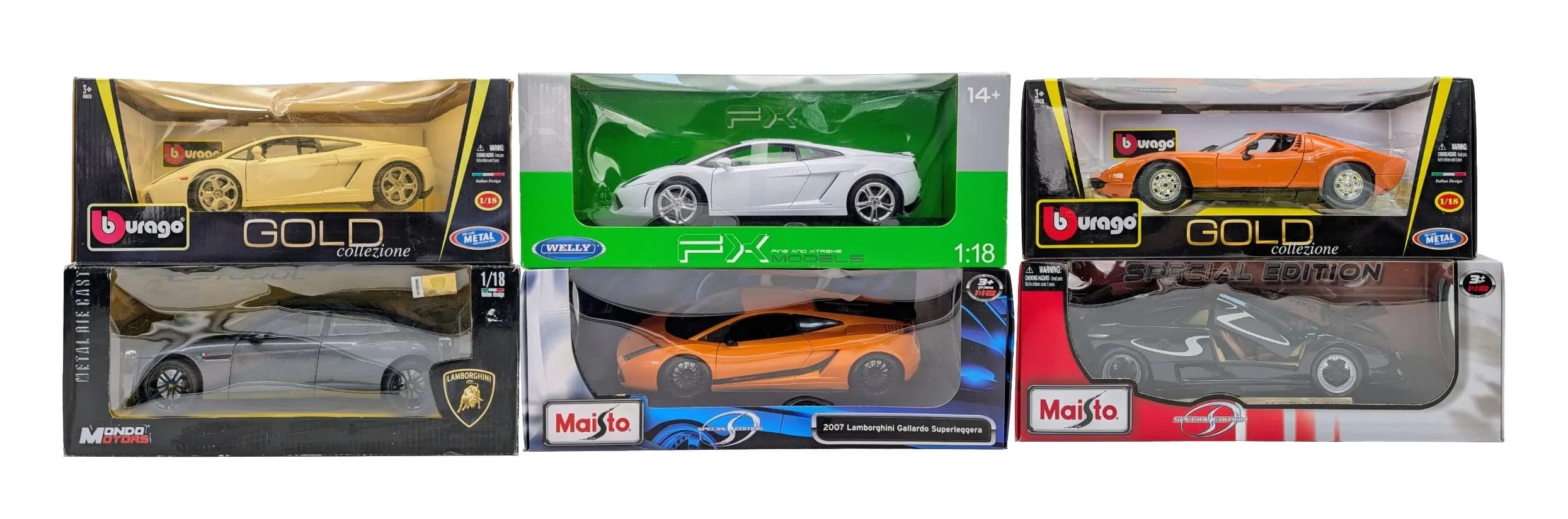 Six 1/18th scale die cast Lamborghini models. By Welly, Maitso, Burago & Mondo. Good condition. Some wear to boxes from storage.