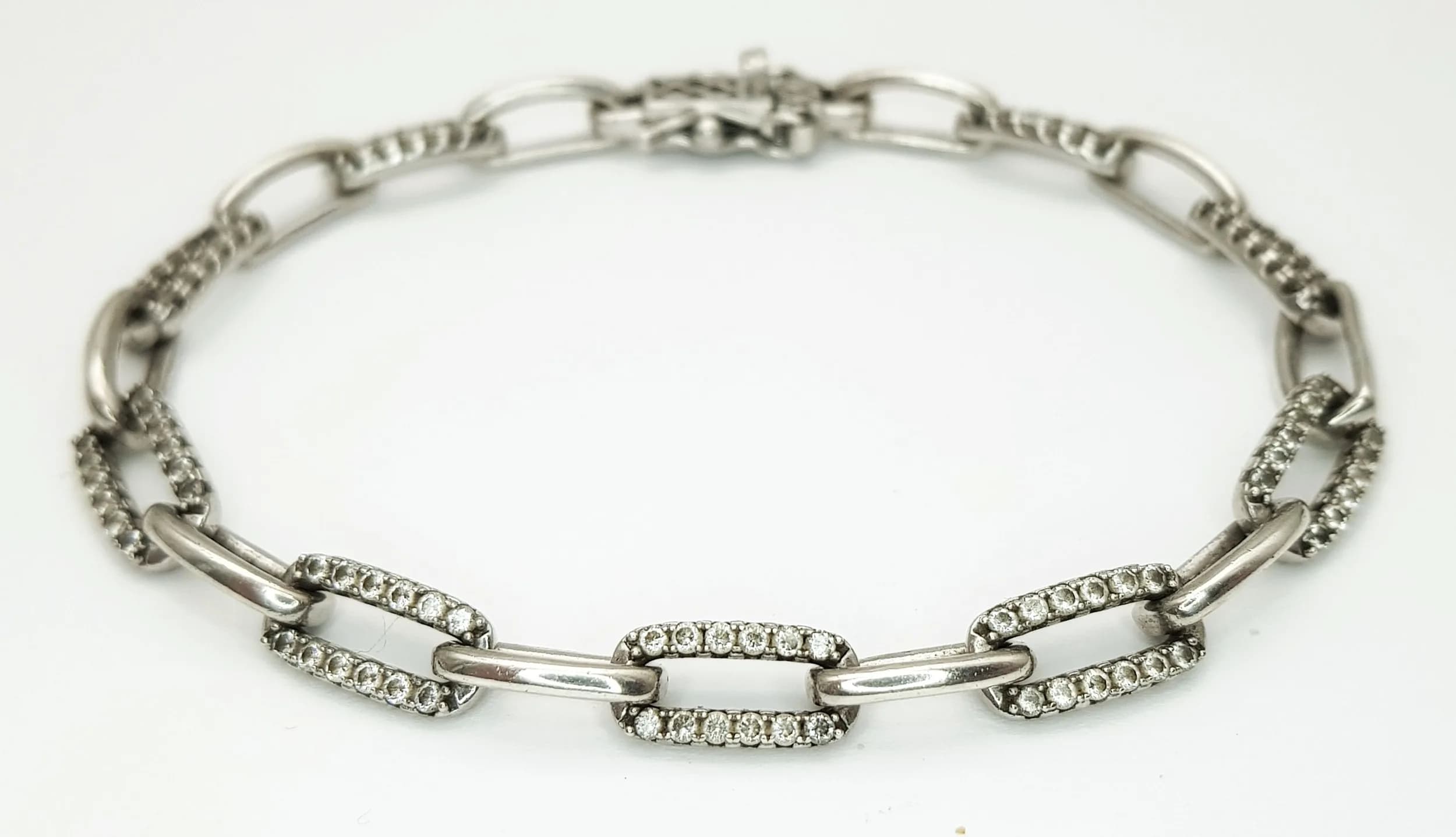Fabulous SILVER BRACELET Having Fancy Jewelled Links with Double Safety Clasp. Approx 19 cm. Absolutely stunning, Please see pictures.