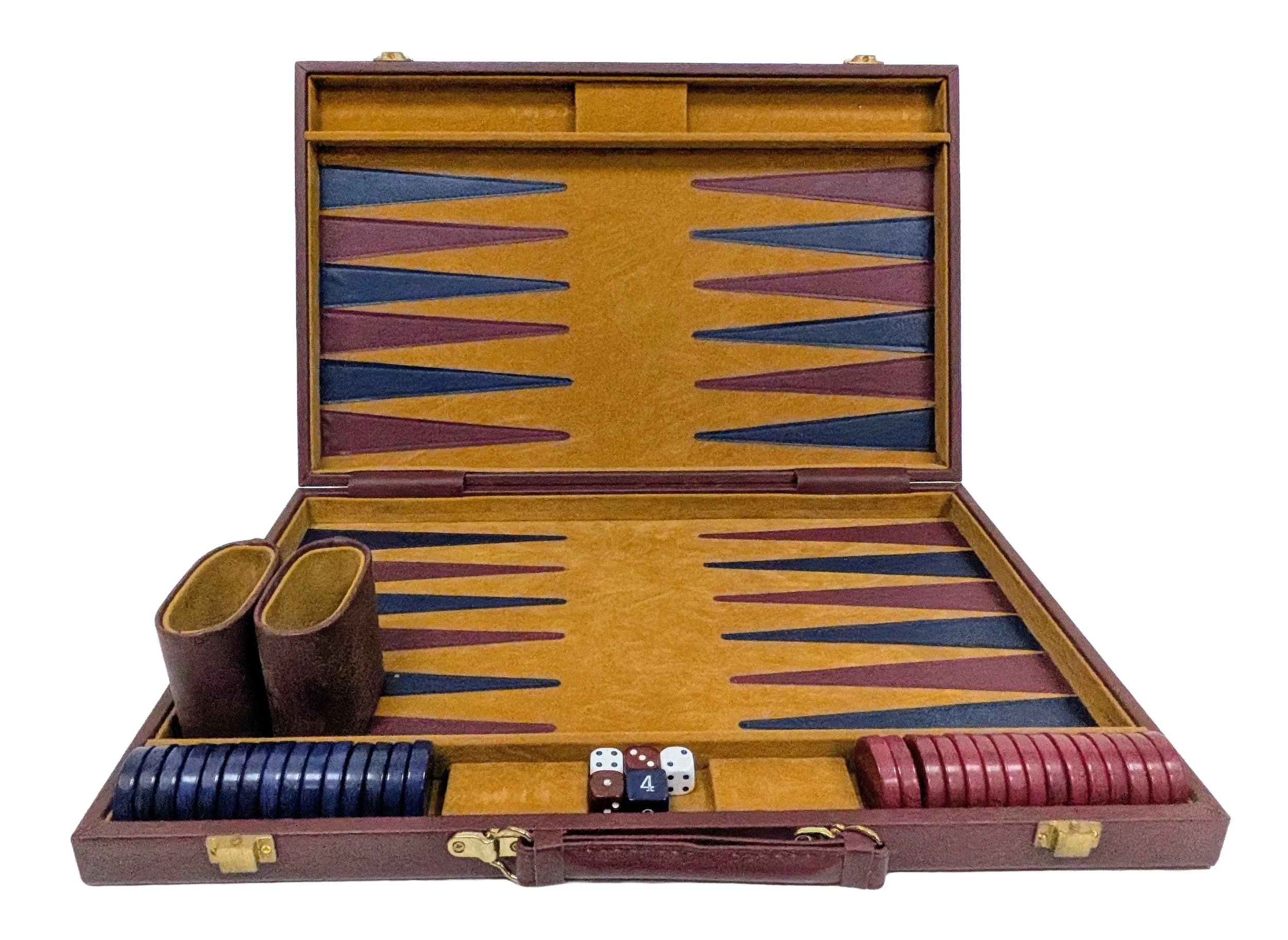 A Deluxe Backgammon Set. Boxed set comprising dice, doubling cube, playing pieces, pair of dice cups and instruction booklet. 44.5cm length x 28cm height closed, 56.5cm height open.