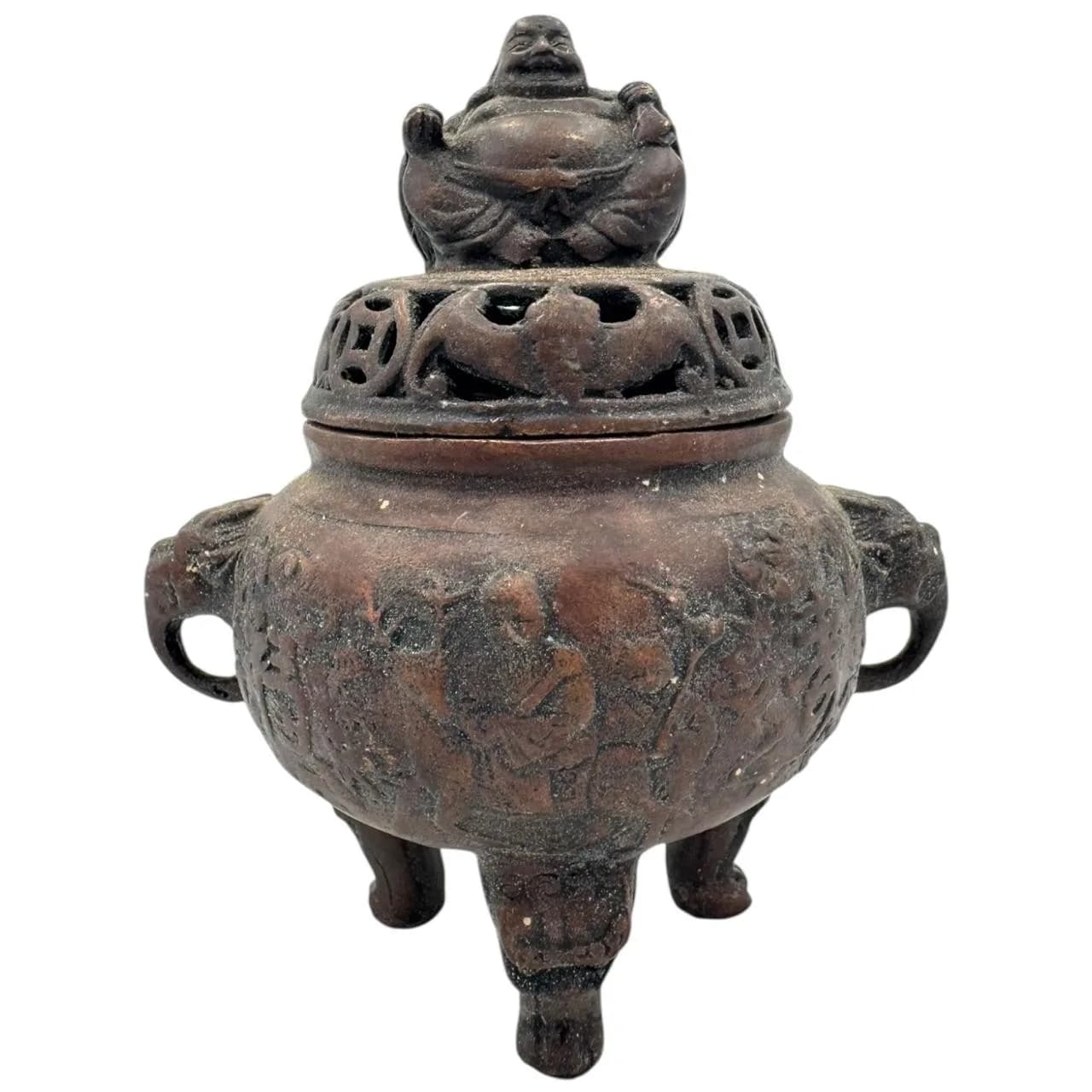 An antique Chinese Bronze Tripod Incense Burner with Figural Cover. Dark bronze with relief figural and character decoration, twin loop handles, three stylised legs, and pierced domed lid with seated figure finial. Marking on base. Some surface scratches, patina variation, oxidation, and minor casting imperfections. Approximately 10.5cm width x 13.5cm height. Please see photos or request a condition report.This item is held at Cadmore ASIAN Office in Vietnam and will be shipped from there. Buyers will be responsible for direct shipping payments. Delivery will take slightly longer.