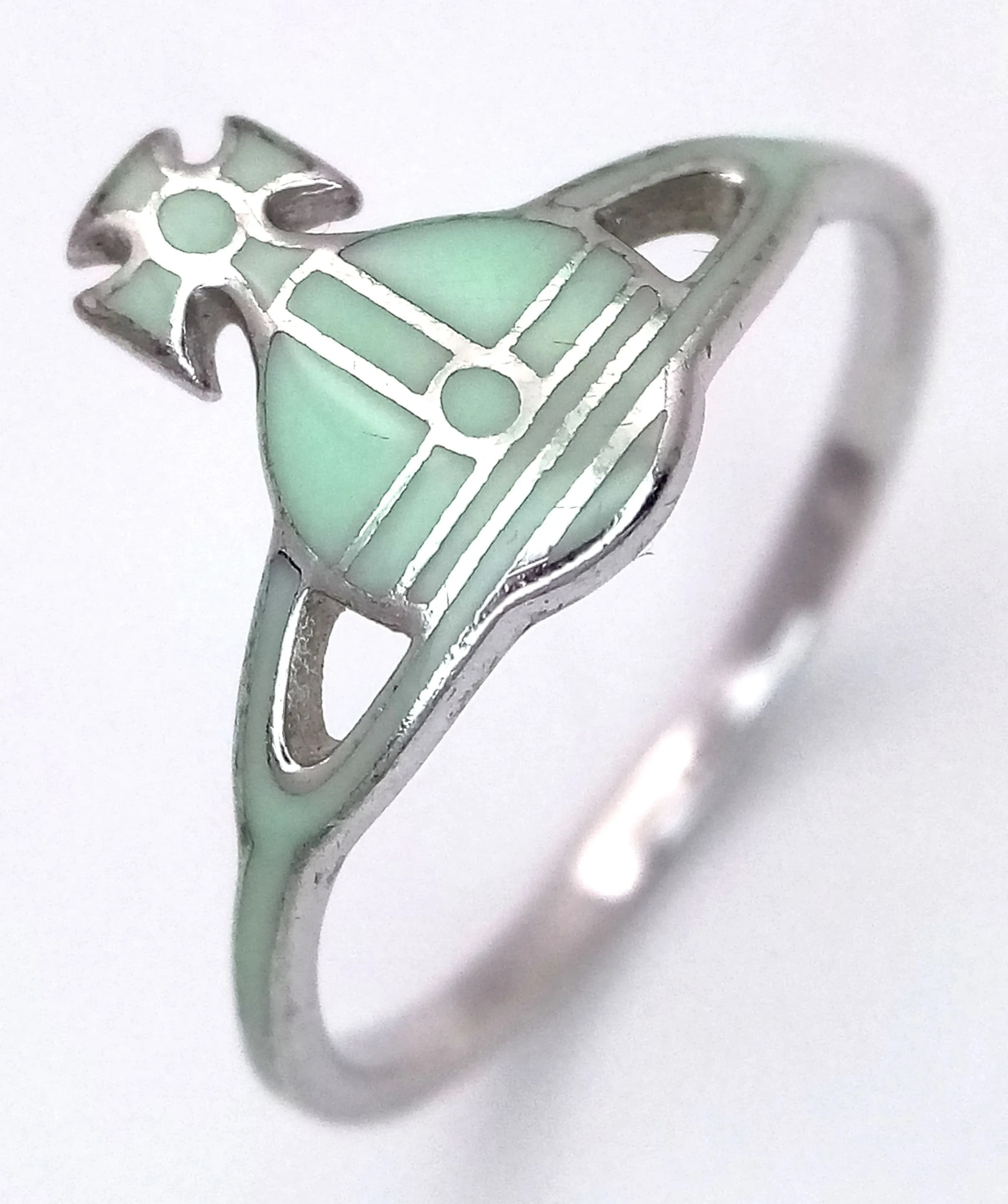 A Vivienne Westwood 925 Silver and Blue Enamel Ring. Size N. 1.36g total weight. Comes with pouch and care booklet.