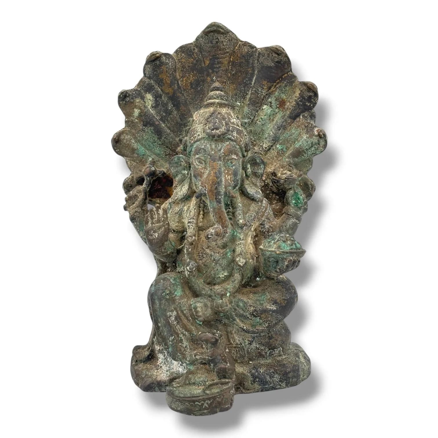 An antique Asian Patinated Bronze Seated Ganesha Figure. Cast bronze figure depicting the four-armed Hindu deity seated before a cobra-form aureole and holding symbolic attributes. Extensive surface wear, oxidation, verdigris, losses and age-related patination. Approx 15cm height x 9.5cm width. Please see photos or request a condition report.This item is held at Cadmore ASIAN Office in Vietnam and will be shipped from there. Buyers will be responsible for direct shipping payments. Delivery will take slightly longer.