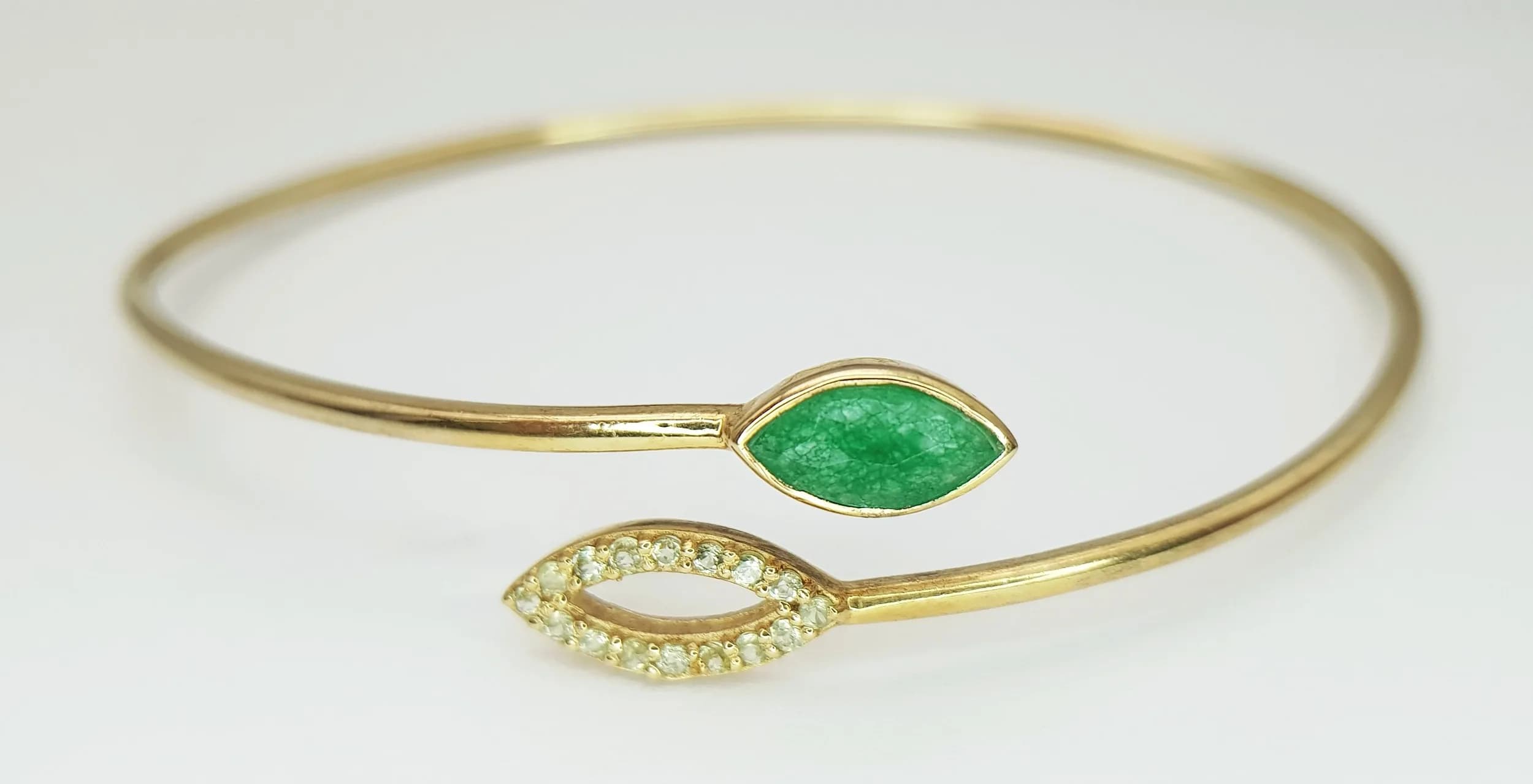 A Gold Gilded Sterling Silver Jadine and CZ Open Cuff Bracelet-6.6cm Inner Width. Gross weight 7.55 Grams