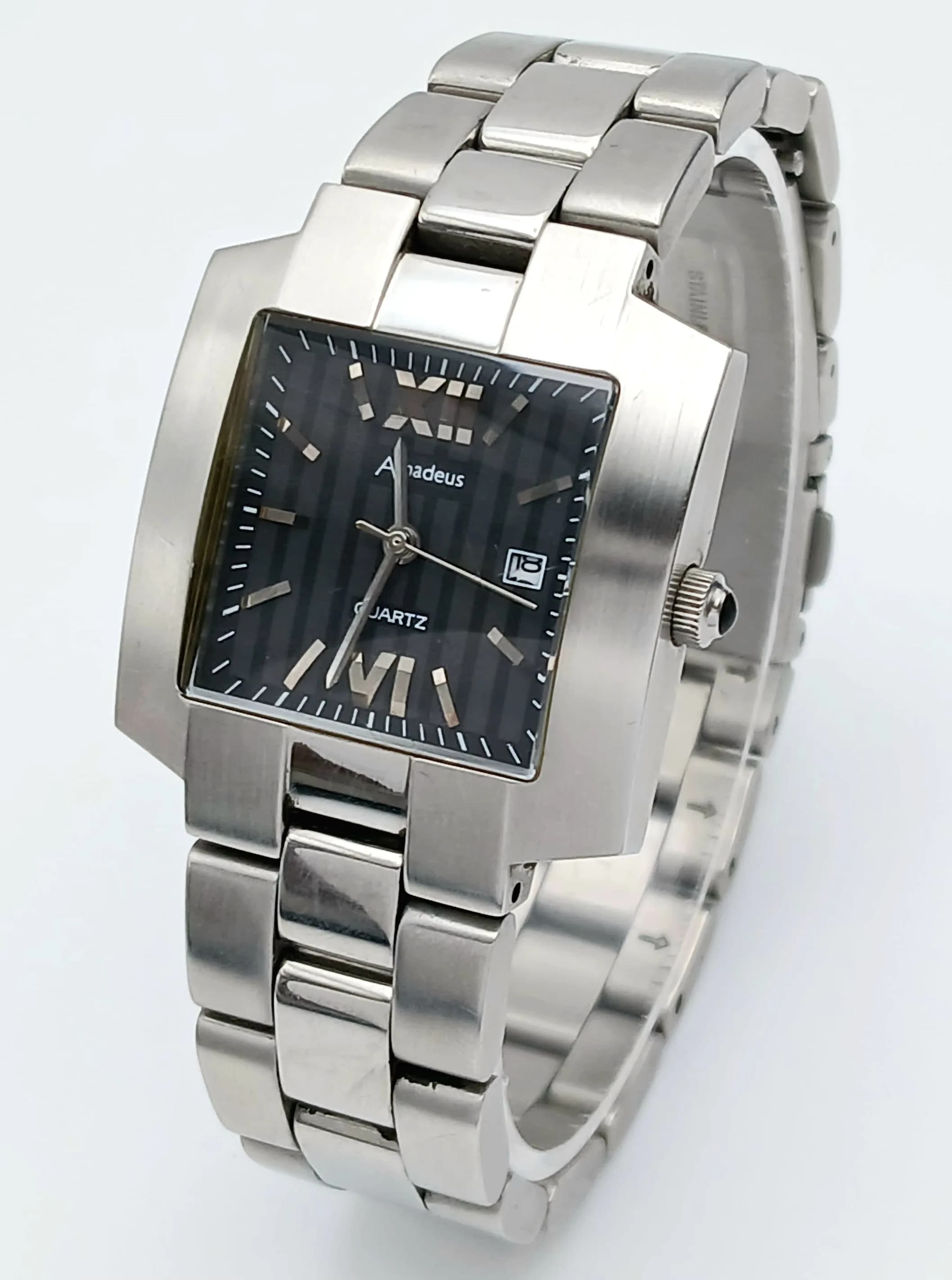 A Smart Men’s Stainless Steel Quartz Date Watch by Amadeus. Case 30 x 30mm. Complete with box and papers