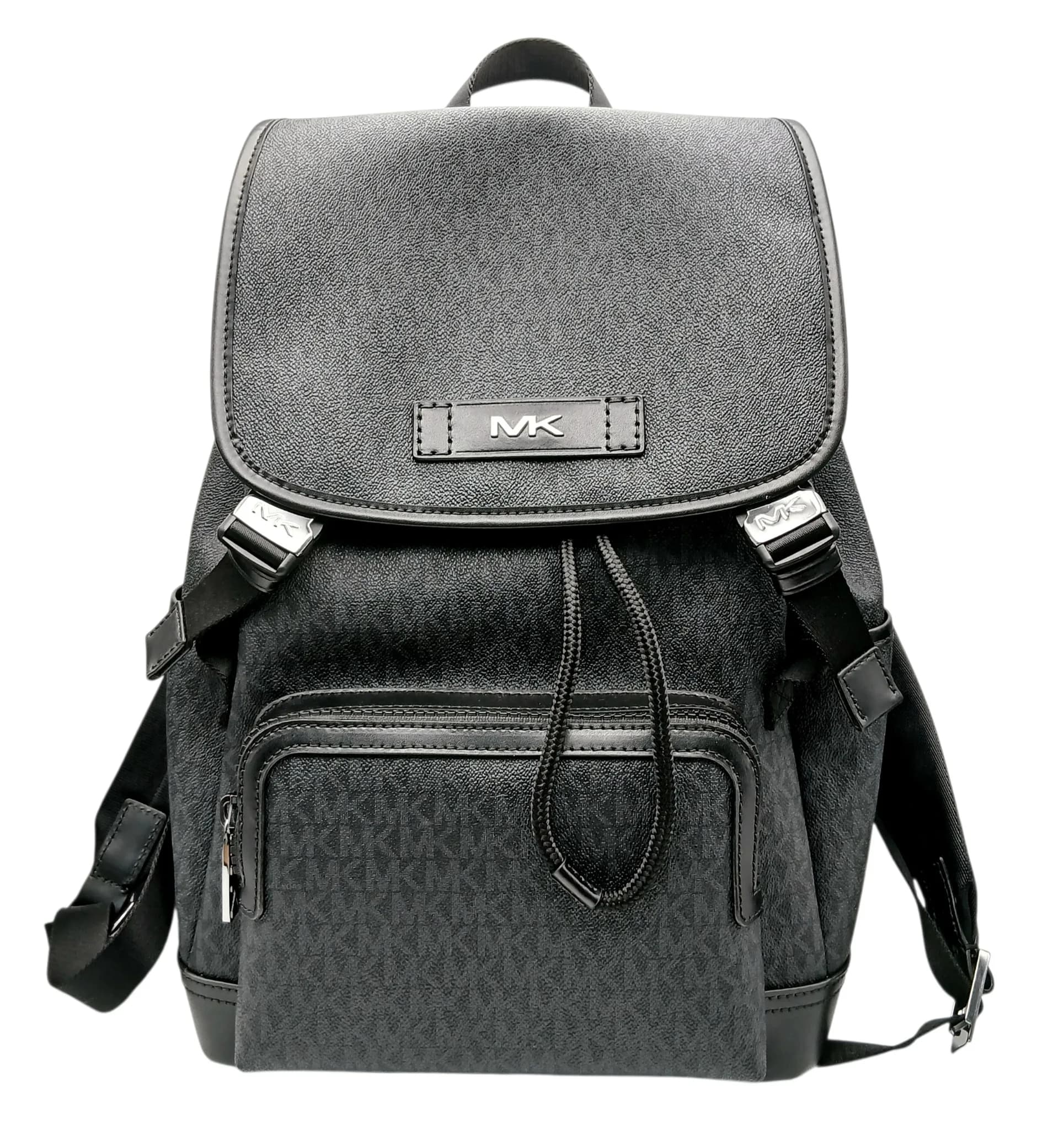 A Michael Kors Black Backpack. Monogram coated canvas exterior with leather trim, silver-toned hardware, zipped compartment to front, open compartments to sides, single top handle, adjustable straps, and double squeeze lock and drawstring closure. Black textile interior with an open side compartment. Comes with tag and care booklet. Approximately 29cm length x 42cm height. In as new condition overall - please see photos or request a condition report.