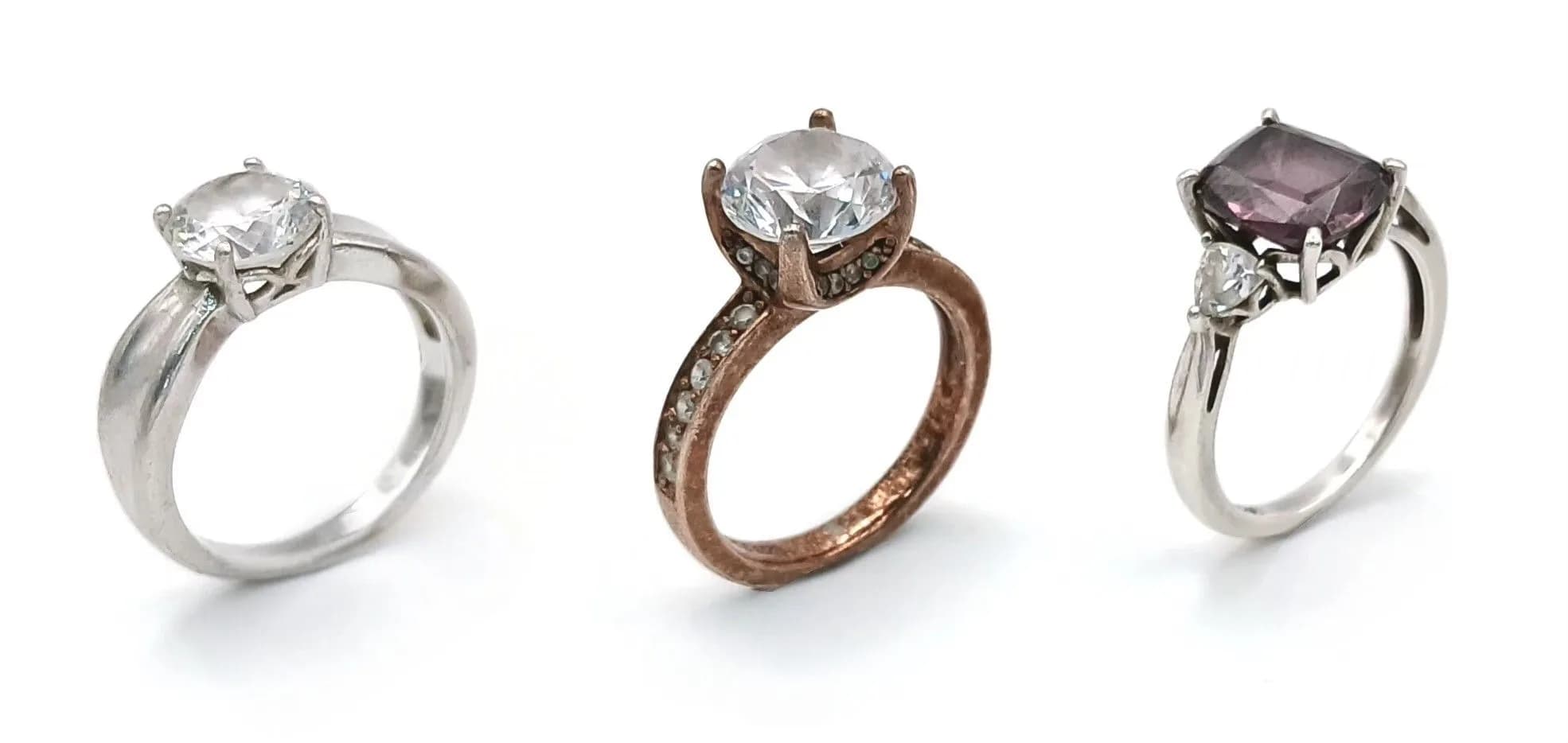 Three Stone Set Silver Dress Rings. All size N. 13.4g total weight.