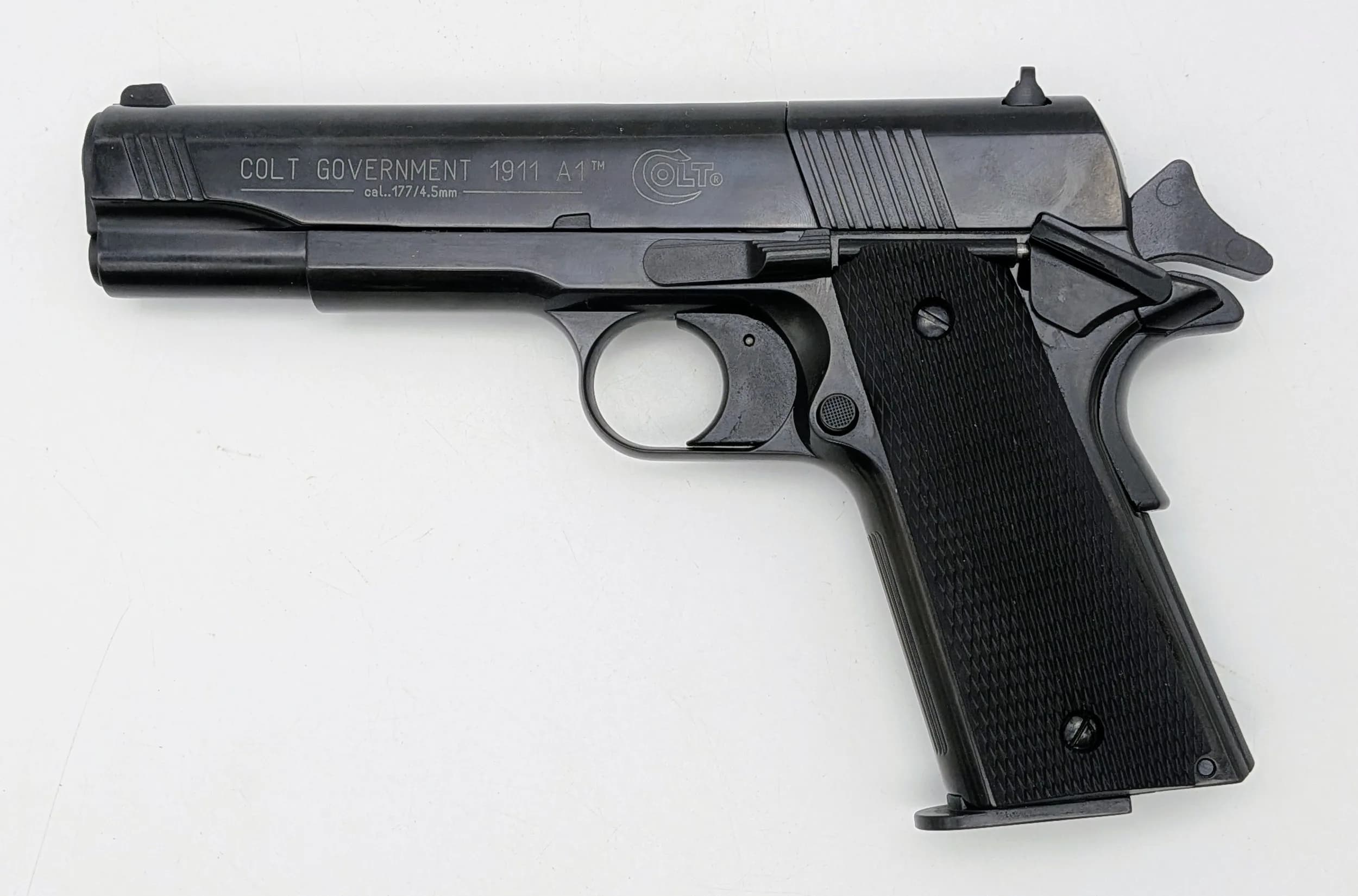 A German Made Colt Government Made 1911 A1 Co2 Air Pistol. Calibre - .177. Must be 18 or over to purchase. UK mainland sales only. UK Mainland shipping only.